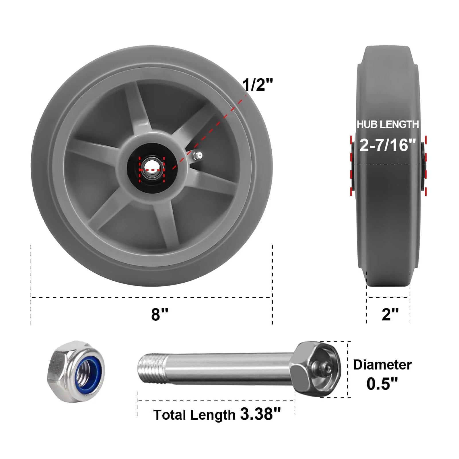 Diagram of 8 x 2 Inch Heavy Duty Industrial Caster Wheels with 1/2 Inch Bore Axle, featuring dimensions and components.