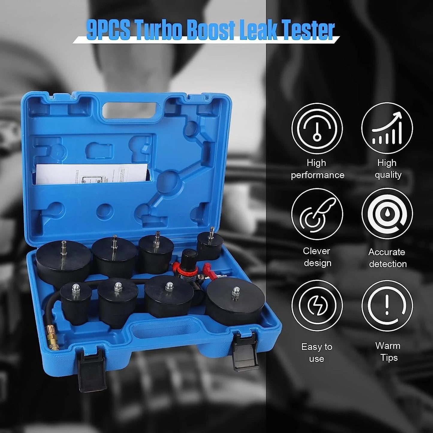 Turbo Boost Leak Tester Kit With Pressure Gauge 10 Piece Turbo System Leakage Tester Set Includes Four Pairs Of Stepped Adapters Ranging From 1.38 To 3.54 Inches Easy Troubleshooting For Turbo Lines And Cooling Pipes in blue storage case.