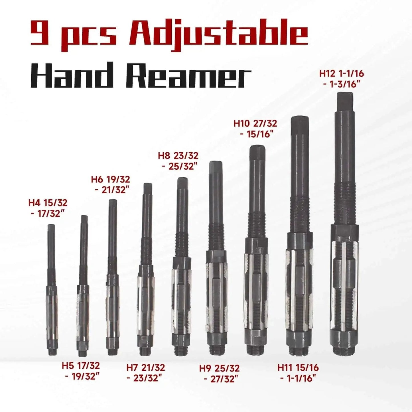 Adjustable Hand Reamer Set, 9 Piece High Speed Steel Reamers Ranging From 15/32 Inch To 1-3/16 Inch, Straight Flute, Pro Kit