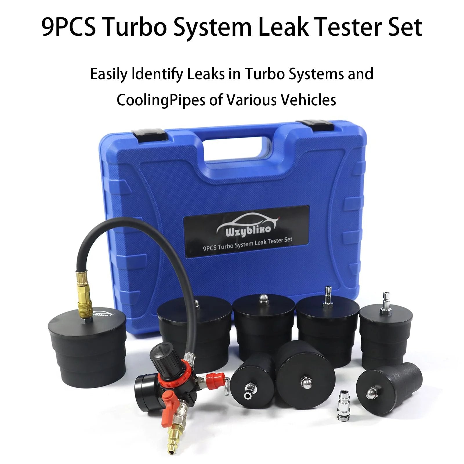 Turbo System Leakage Tester Kit For Cars And Light Trucks No Fuss Setup Pro Grade Turbo Pressure Leak Check For Cooling Emissions Lines And Exhaust Pipes 9 Piece Boost Leak Tester Set With Stepped Adapters From 1 3 8 To 3 1 2 Inches displayed in blue case with various adapters and hoses.