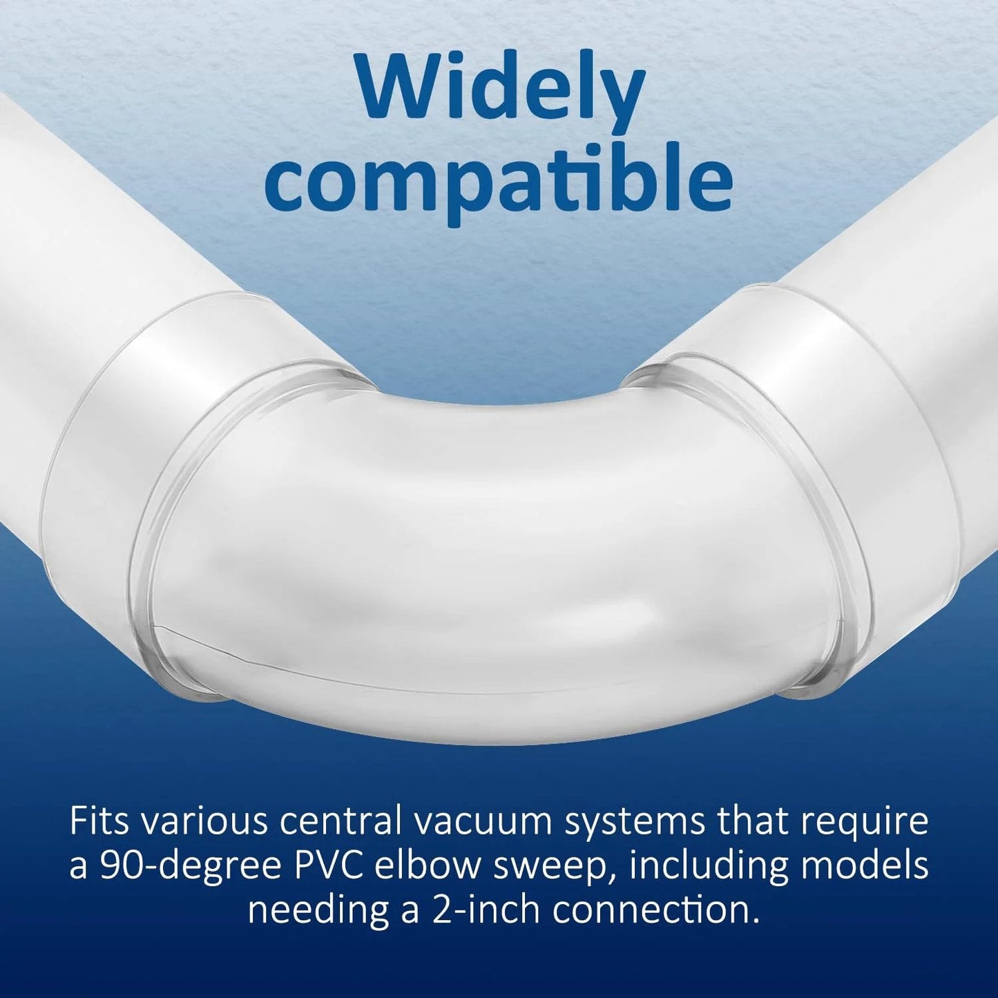 Close-up of Three Pack Central Vacuum 90 Degree Elbow Fittings For 2 Inch Pipe, transparent PVC, designed for easy installation.