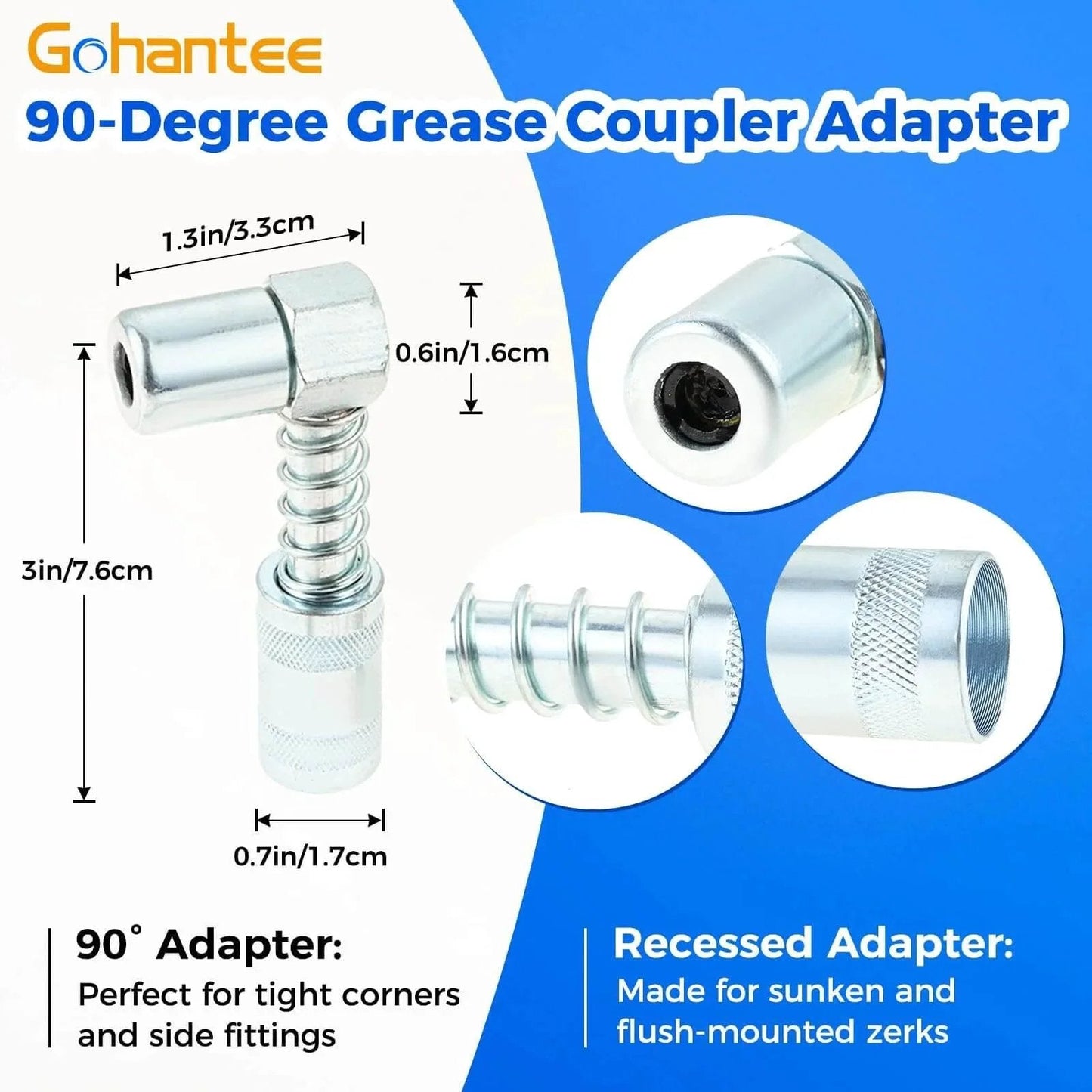 90 degree grease coupler adapter with measurements for tight and recessed fittings