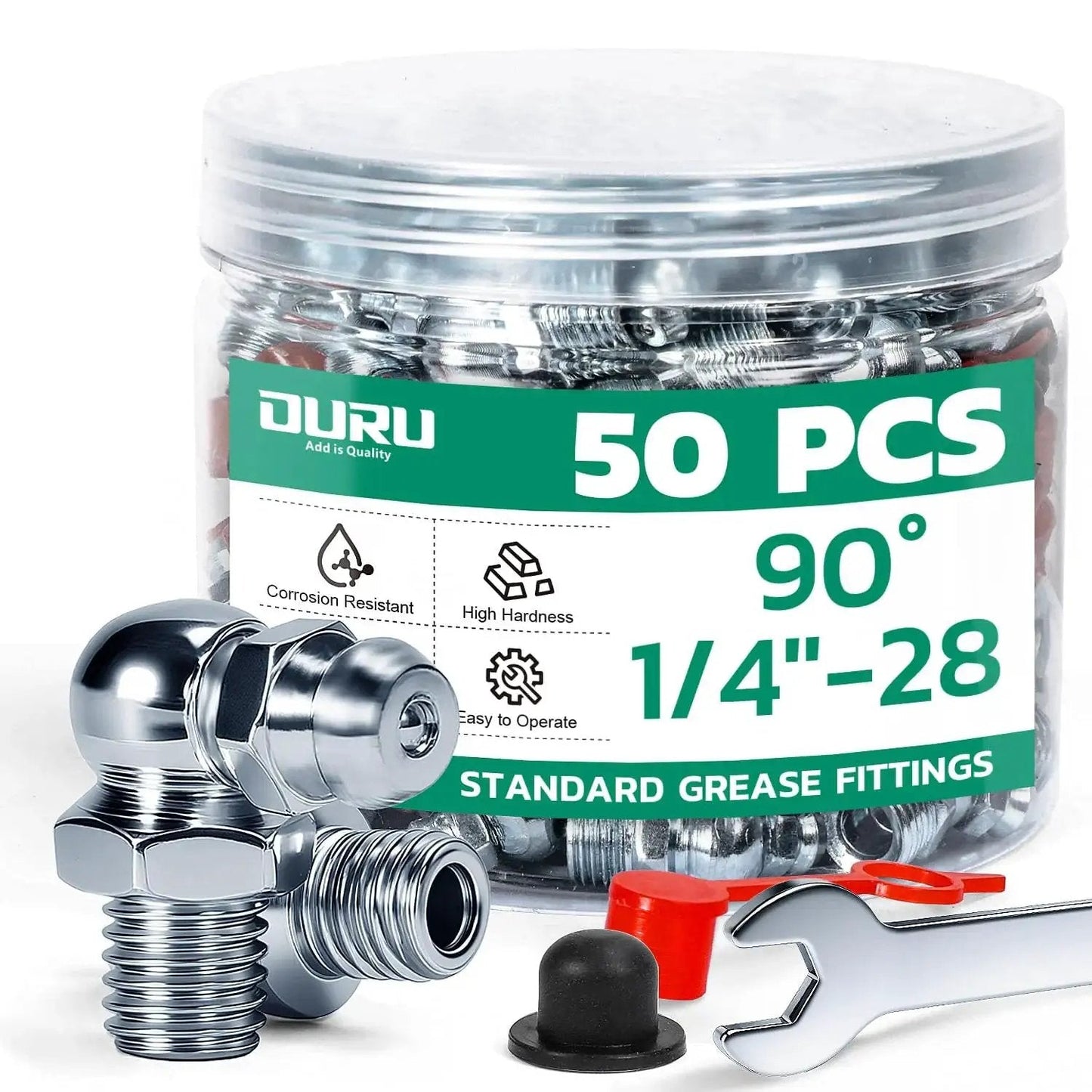 Jar of 50-Pack 1/4 in 90° Zerk grease fittings with wrench and caps, ideal for tight spaces in mechanics' maintenance and DIY projects