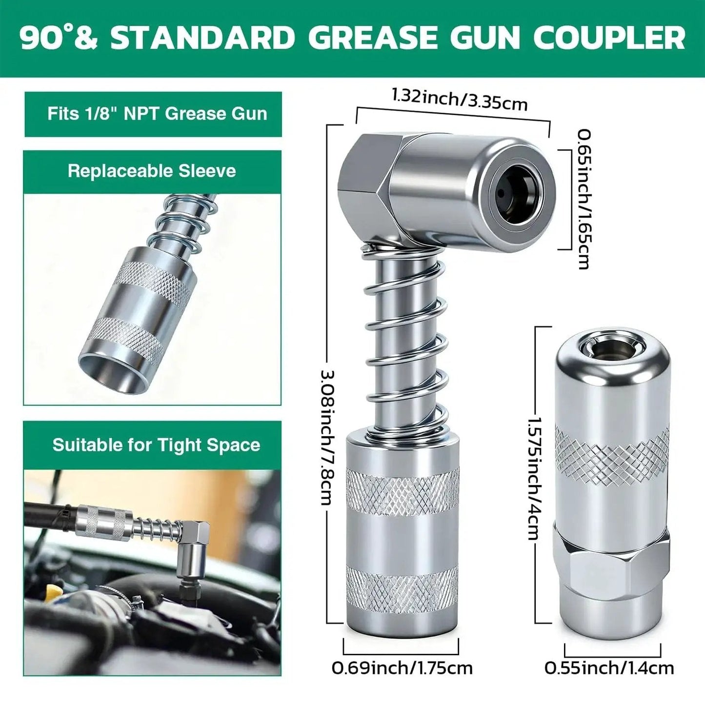 90° and standard grease gun coupler specifications from Must-Have All-In-One Grease Fittings Assortment Kit With DIY Tool Storage Box