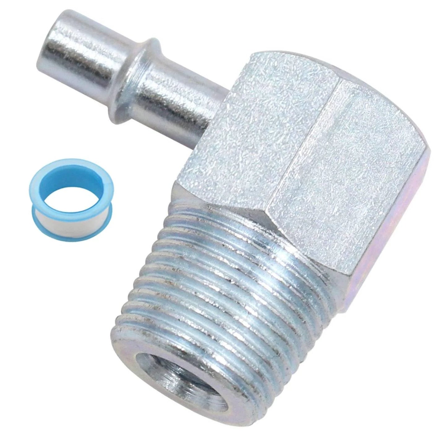 Universal 90 Degree Vacuum Fitting Three By Eight NPT To One By Four Nipple For Intake Manifold Fits Chevy SBC BBC Ford Buick Aluminum Alloy fitting with seal tape.