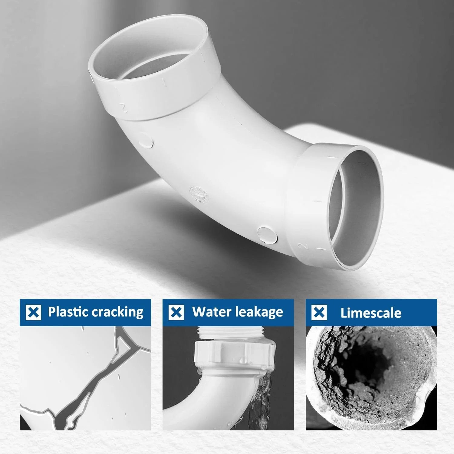 Three Pack Central Vacuum 90 Degree Elbow Fittings For 2 Inch Pipe, durable white plastic elbow for vacuum systems.