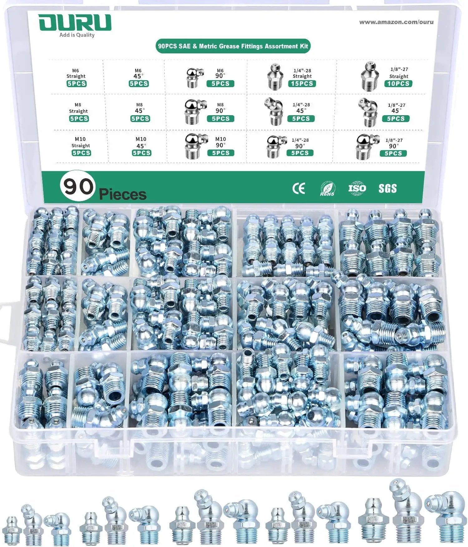 Pro Grade Grease Fittings Set For Grease Gun 90 Piece Assortment With SAE And Metric Zerk Fittings in a storage case