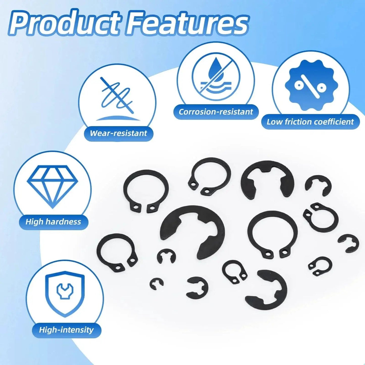 Product features of 900 Piece Carbon Steel Retaining Rings Set With 24 Size C Clips And E Clips Assortment Kit for repairs and maintenance.