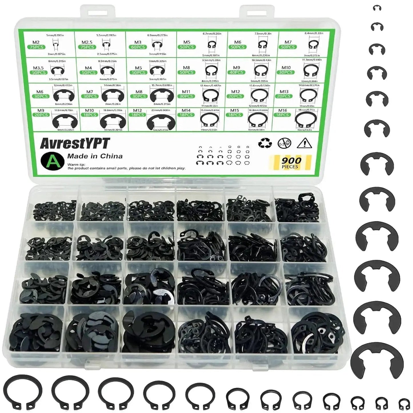 900 Pcs C Clips And E Clips Assortment Kit With 24 Sizes External Retaining Rings in a labeled plastic case