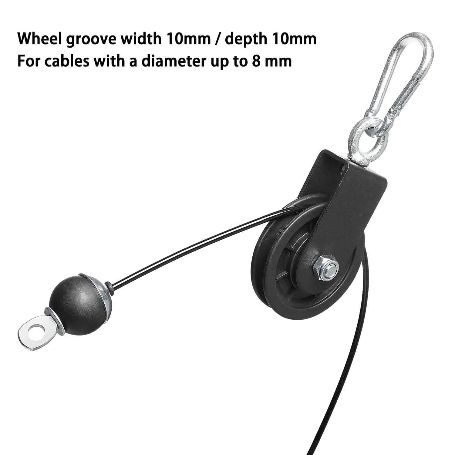 90mm Pulley Wheel for Cable Machines Silent Bearing Home Gym Equipment Pull Down Attachment Weight Lifting Pulley Traction, side view, black plastic with metal hook and cable attachment