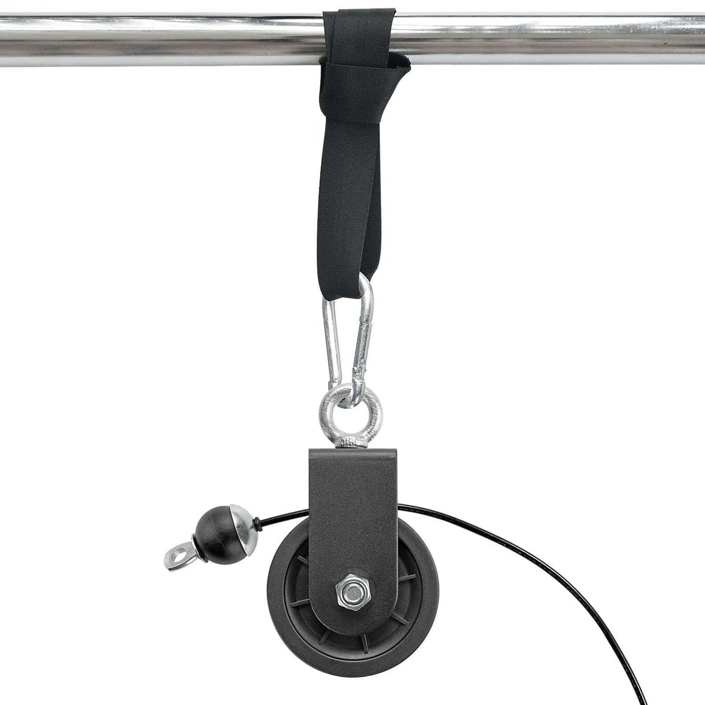 90mm Pulley Wheel for Cable Machines Silent Bearing Home Gym Equipment attached to metal bar with cable and hook