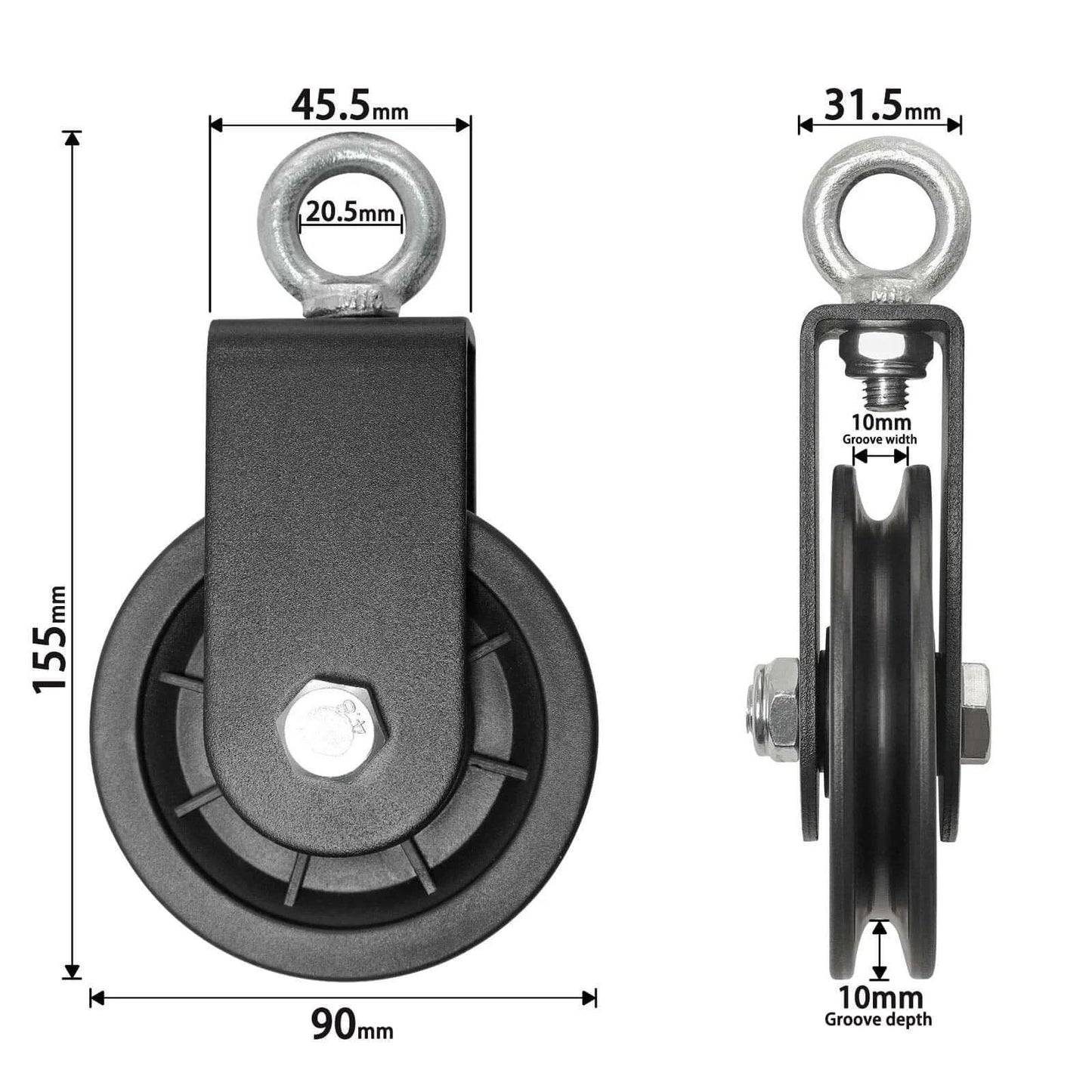 Front and side view of 90mm Pulley Wheel for Cable Machines Silent Bearing Home Gym Equipment Pull Down Attachment Weight Lifting Pulley Traction