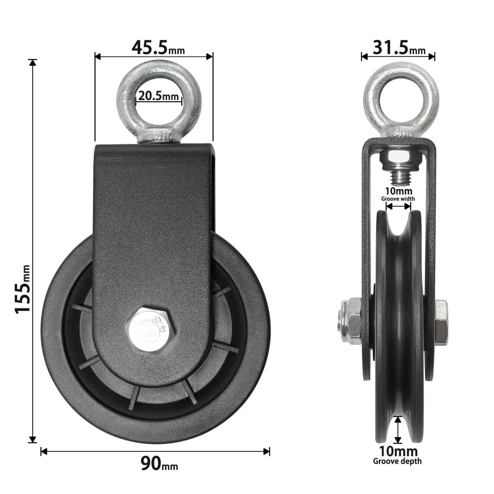 Front and side view of 90mm Pulley Wheel for Cable Machines Silent Bearing Home Gym Equipment Pull Down Attachment Weight Lifting Pulley Traction