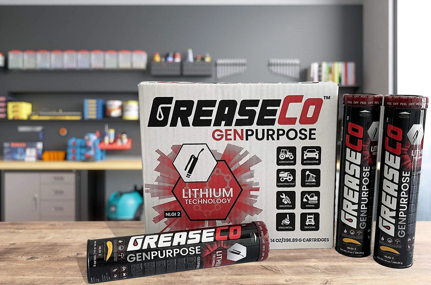 General Purpose Lithium Grease For Grease Guns And Heavy Duty Workhorse Lubricant All Around For Tractor Trailer Axle Farm Jack Winch Motorcycle Lawn Mower Door Tracks RV And ATV Amber NLGI 2 GenPurpose By GreaseCo containers and box in workshop