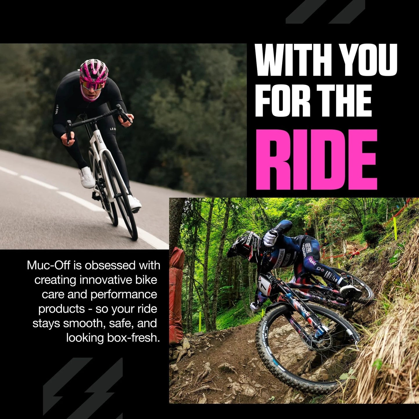 Cyclists riding road and mountain bikes with text 'With You for the Ride'. Background trees and trails visible.