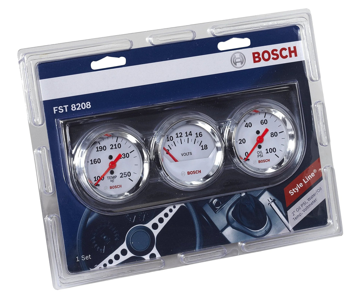 Front view of Style Line 2 Inch Triple Gauge Kit with white dials and chrome bezels, showing oil/water temperature gauges, voltmeter.