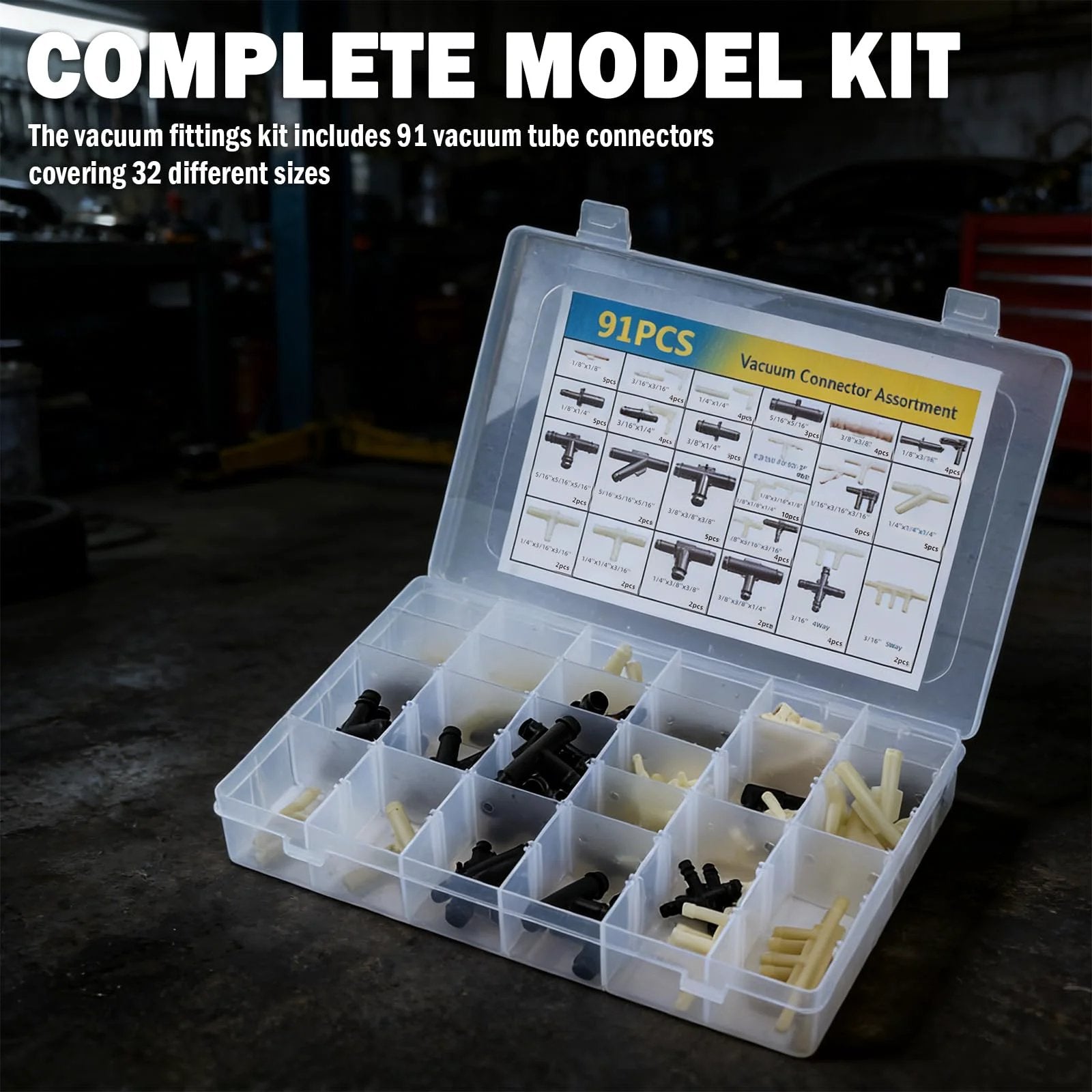 Comprehensive 91 Piece Car Vacuum Line Connectors Kit with 32 sizes for hoses in a clear storage box.