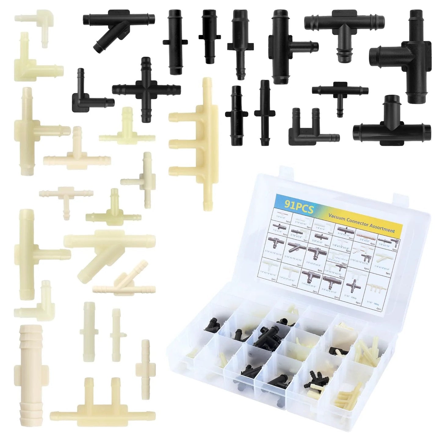 Comprehensive 91 Piece Car Vacuum Line Connectors Kit With 32 Sizes For 1/8 3/16 1/4 5/16 3/8 Inch Hose in organized case.