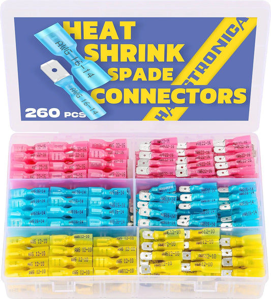 Heat Shrink Spade Connector Kit 260 Piece Set Red Blue Yellow Quick Disconnect Male And Female Terminals For Watercraft Electronics And Automotive Use Haisstronica in open case