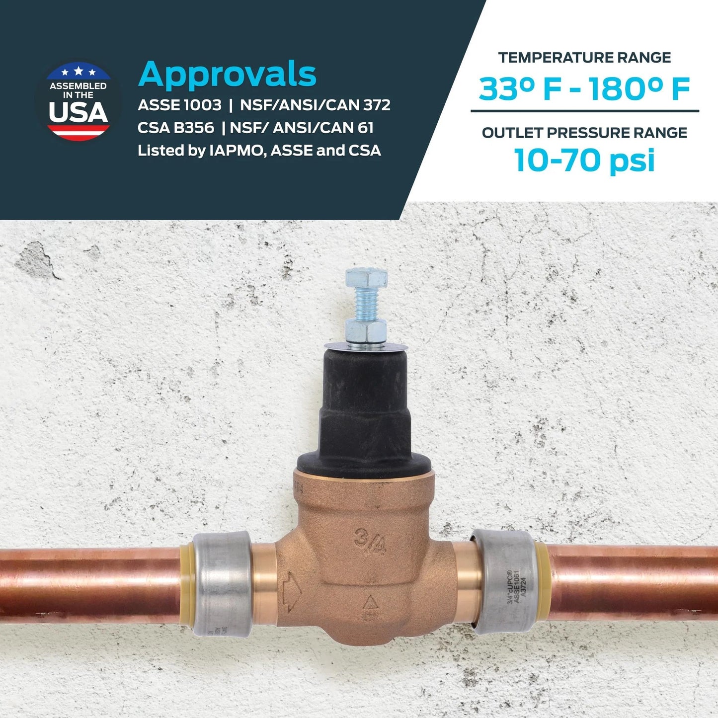 Direct 3/4 Inch Push To Connect Pressure Regulating Valve With Disconnect Clip And Poly Top 60 PSI SharkBite Compatible EB45 PRV shown in installed position on copper pipes