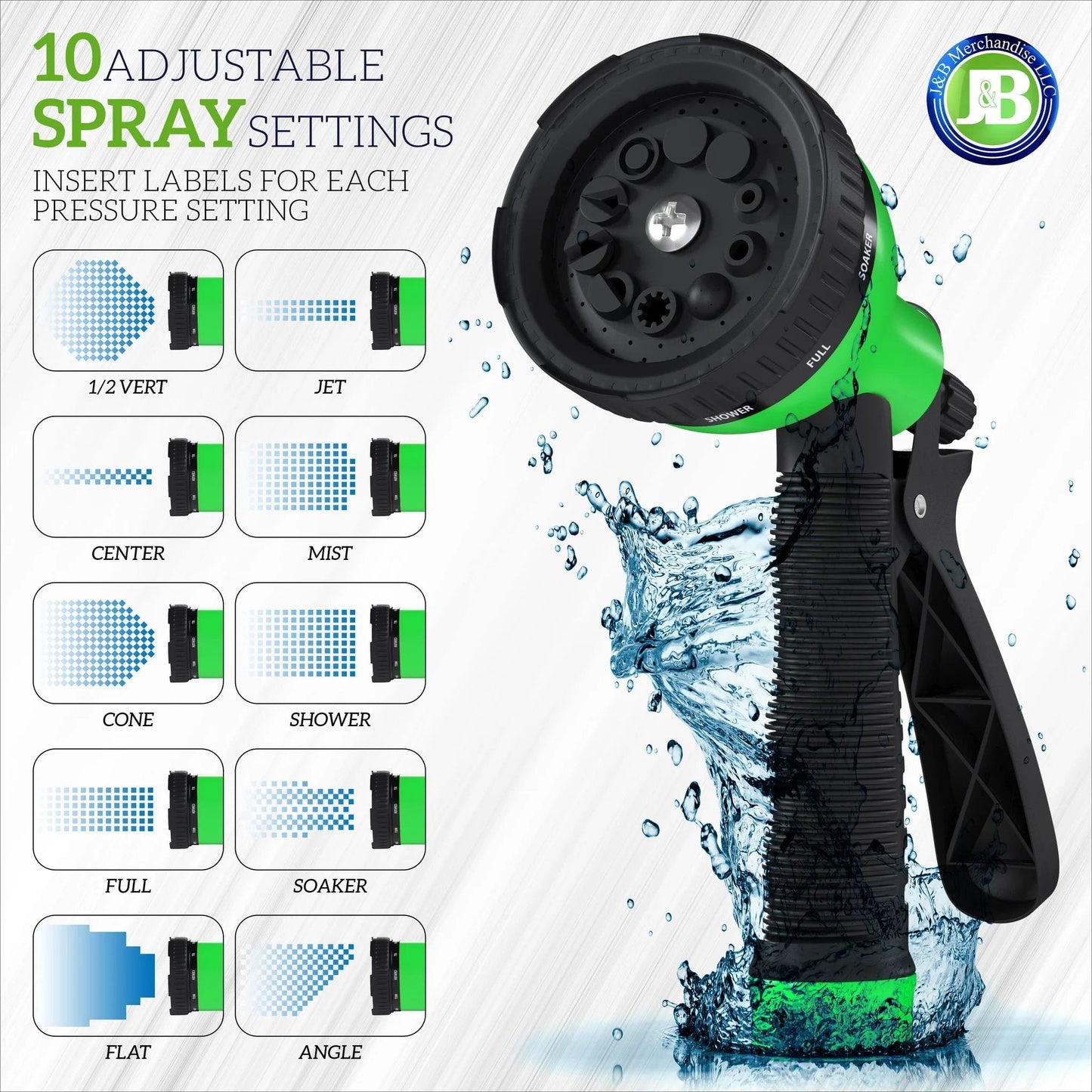 Close-up of 10 pattern nozzle for 75-Foot Expandable Garden Hose With Ultra-Strong 3750D Fabric, Four-Layer Latex Core, Brass 3/4 Inch Connectors.