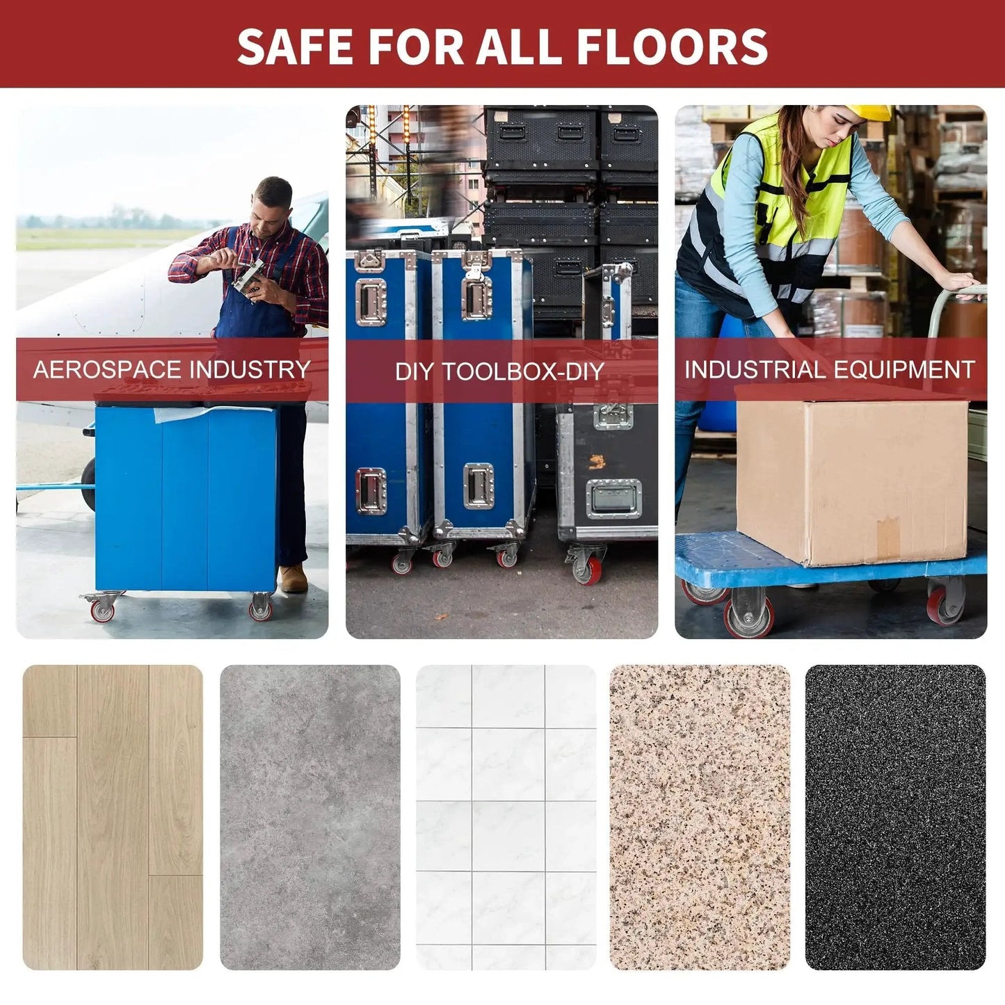 Heavy Duty 3 Inch Swivel Caster Wheels With Brake For Furniture Workbench And Cart, shown across various flooring and uses