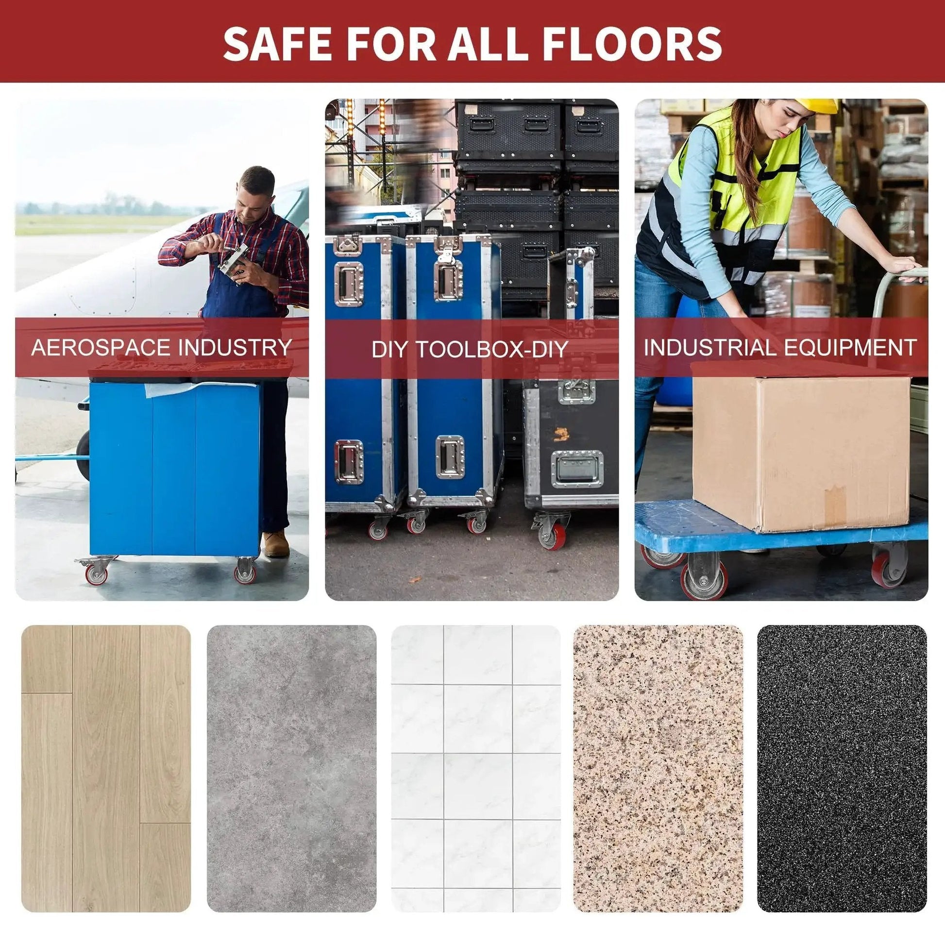 Heavy Duty 3 Inch Swivel Caster Wheels With Brake For Furniture Workbench And Cart, shown across various flooring and uses