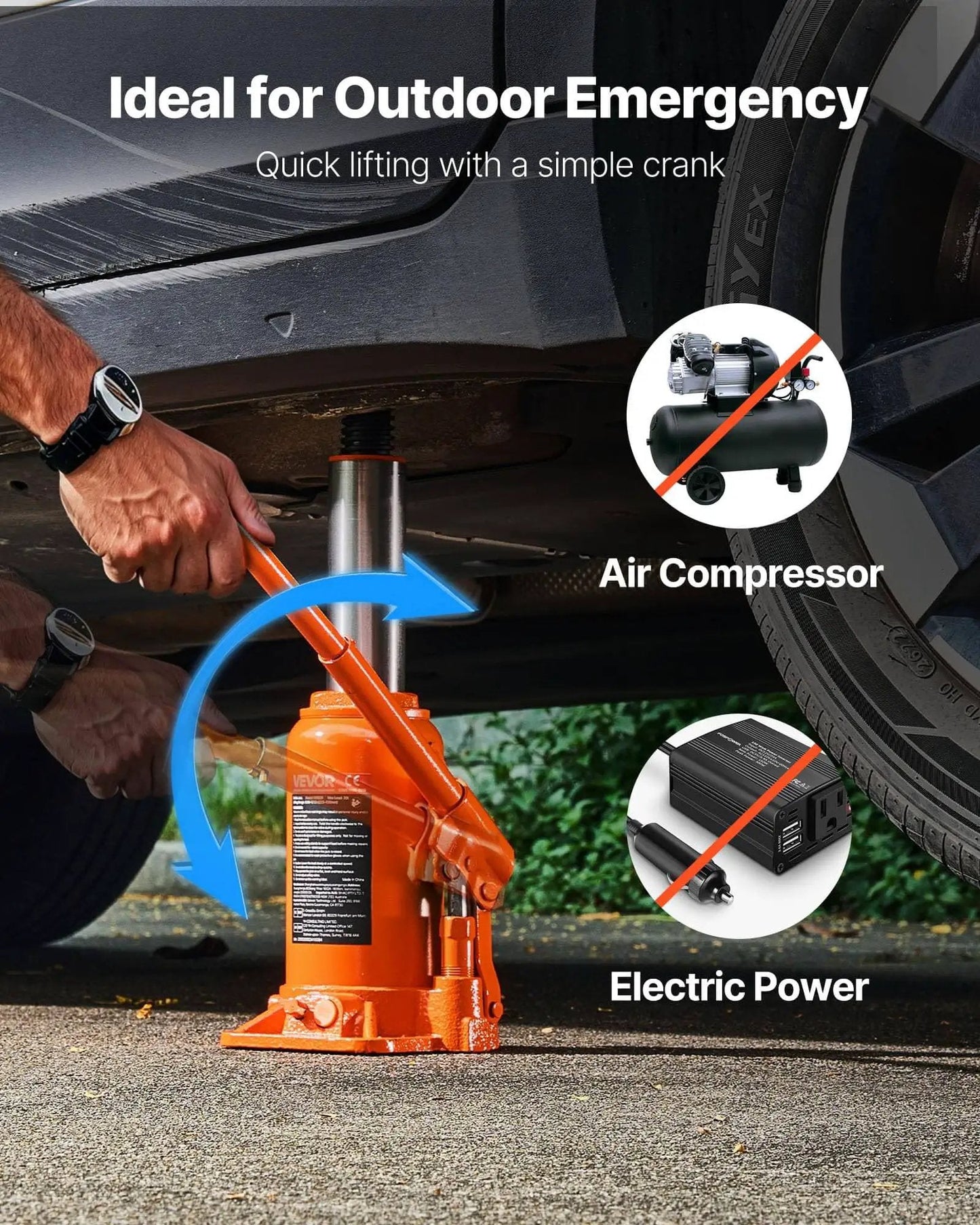 Heavy Duty 20 Ton Hydraulic Bottle Jack With 7.5 To 14 Inch Lift Range All Welded Construction Three Section Long Handle For Pickup Truck SUV Car RV And Industrial Auto Repair lifting a car
