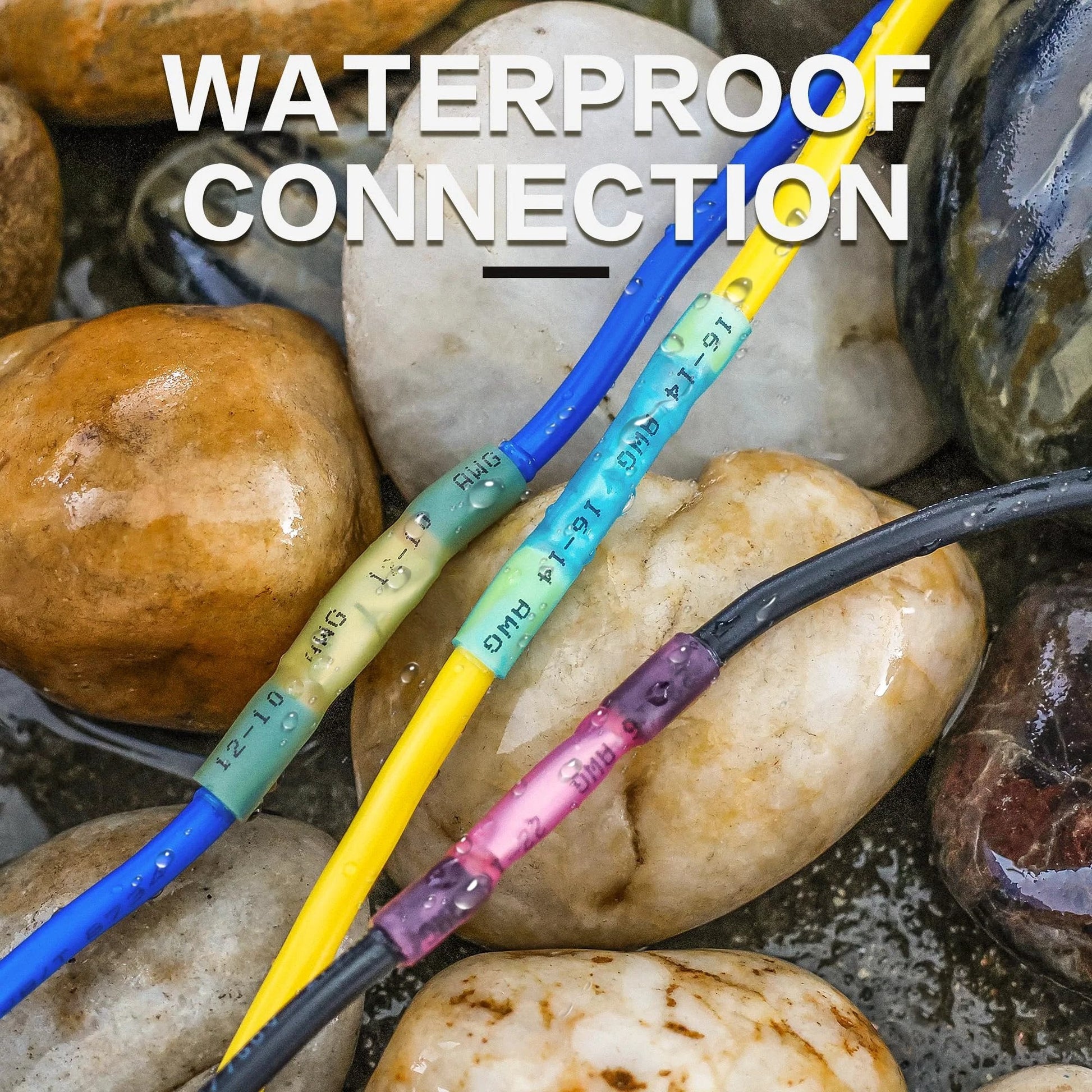 Close-up of waterproof heat shrink butt connectors for marine and automotive wiring with colored wires on wet pebbles.