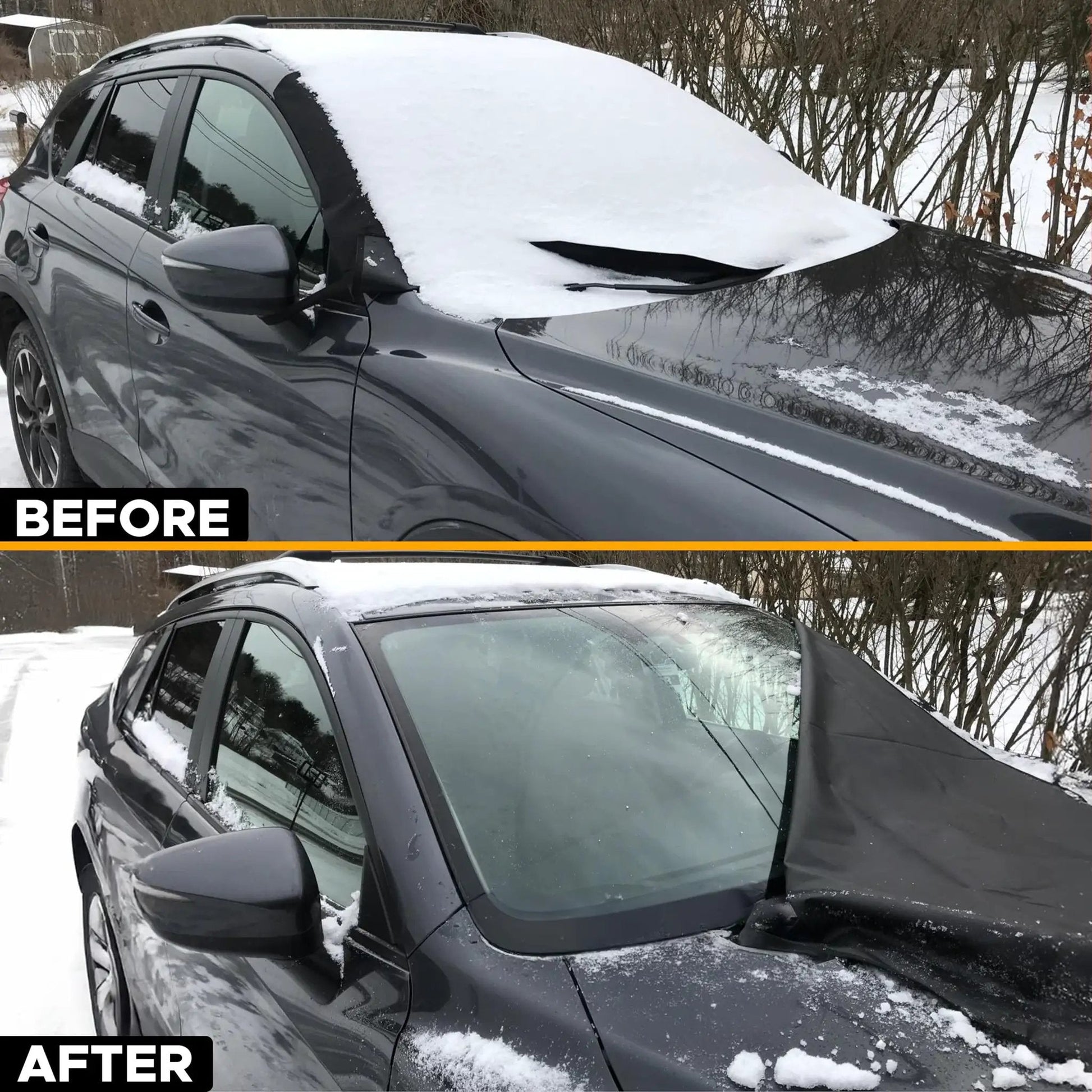 Windshield Cover for Ice and Snow, Heavy Duty 600D Oxford Fabric, Waterproof Frost Shield for Cars SUVs Trucks, One Size Fits Most with Secure Fit, Winter Car Accessory, Medium 69x42 before and after use on a car.