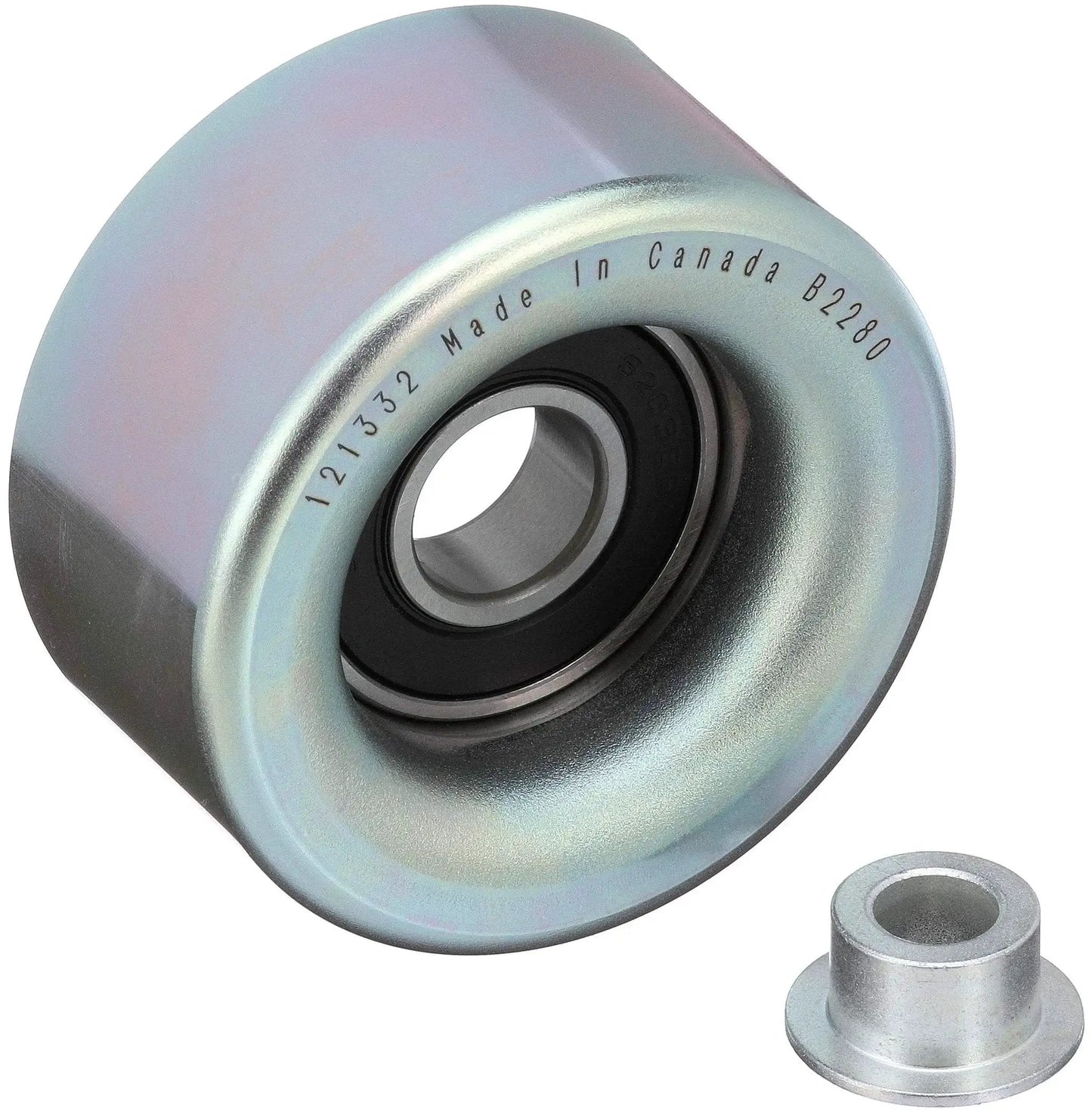 Drive Align Belt Drive Idler Tensioner Pulley For Most Cars Gates 36173 with steel and thermoplastic body, front view.