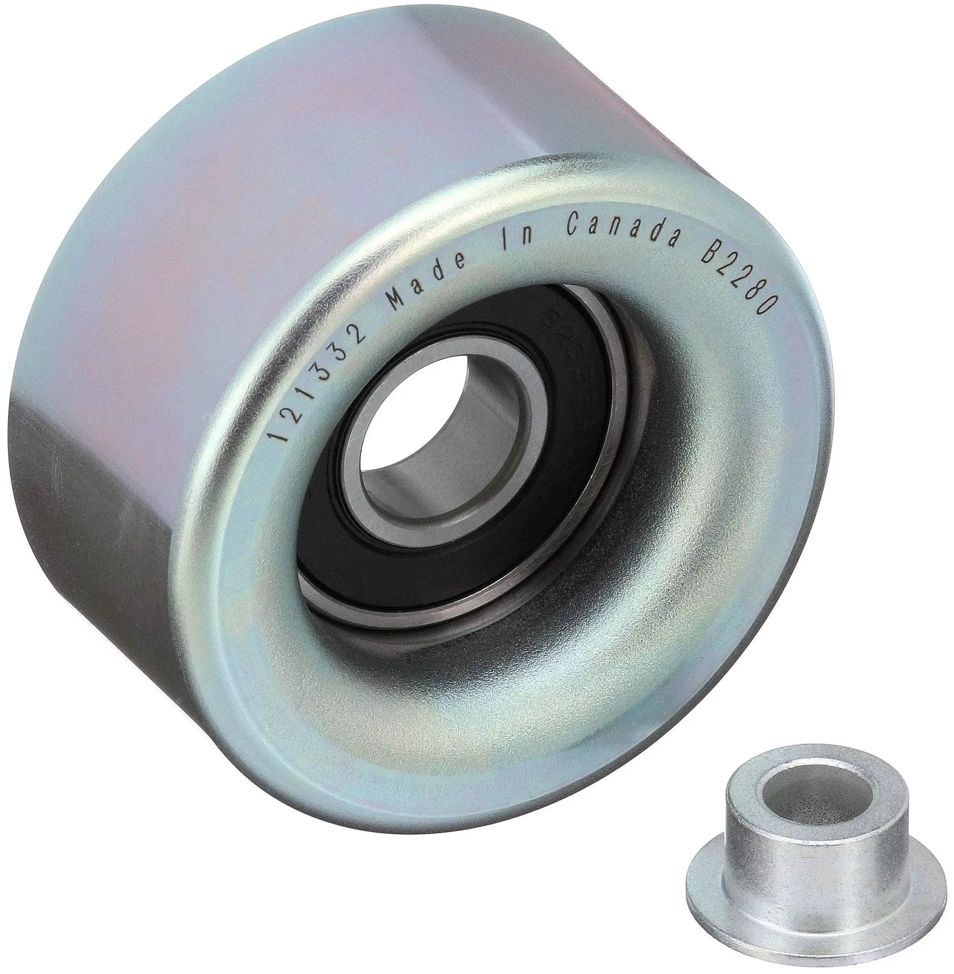Drive Align Belt Drive Idler Tensioner Pulley For Most Cars Gates 36173 with steel and thermoplastic body, front view.