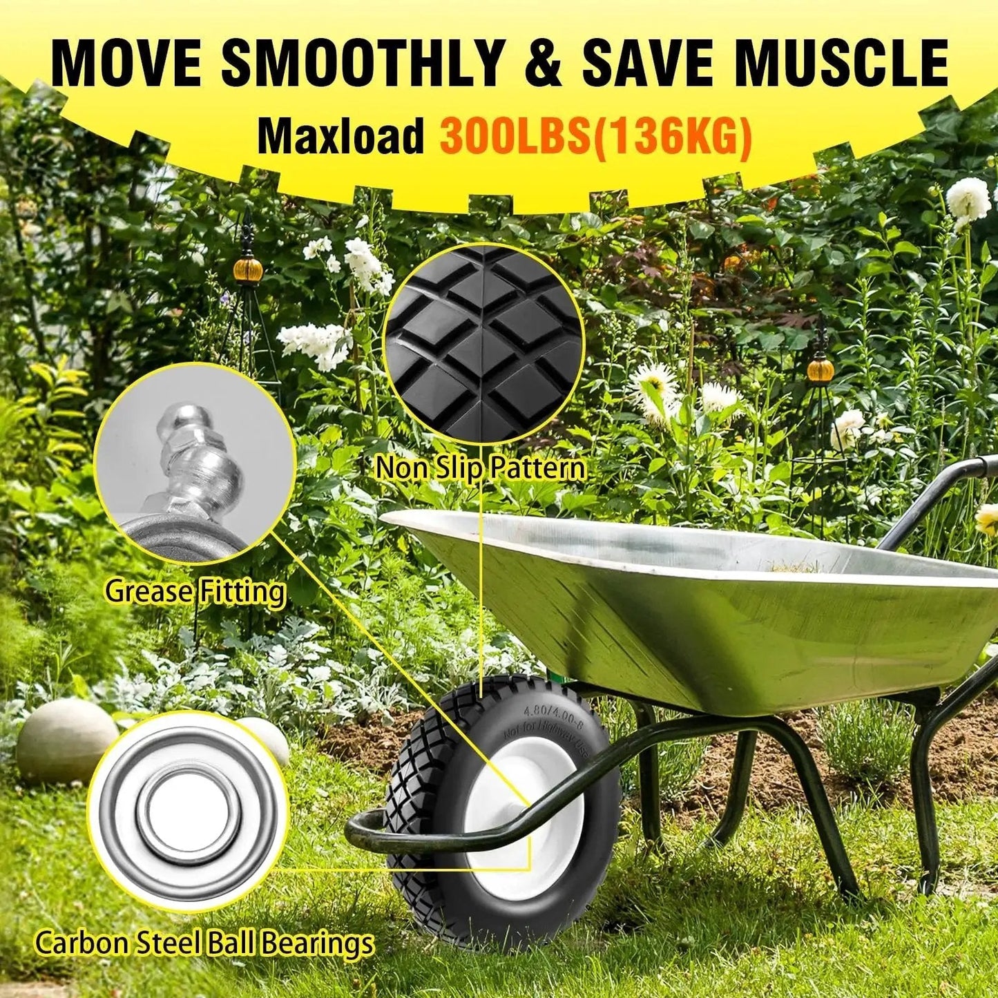 Flat Free Solid Tire And Wheel Set Two Pack 4.80 4.00 8 Inch for wheelbarrows with garden visible, grease fitting shown