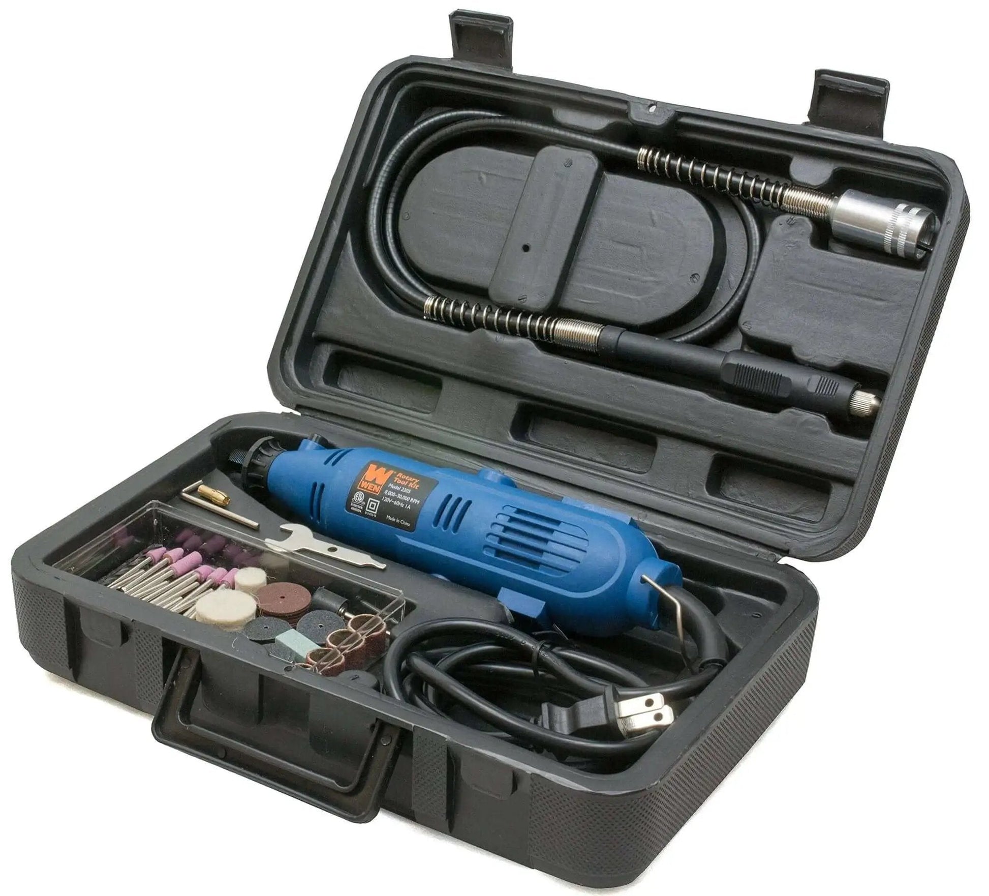 All Purpose Rotary Tool Kit With Flex Shaft From WEN, 80 Piece Accessory Set, Variable Speed 8000 To 30000 RPM in carrying case open view