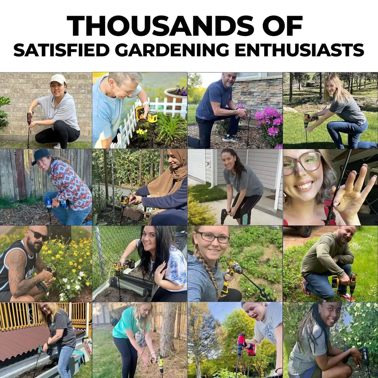 Collage of various people gardening with tools under 'Thousands of Satisfied Gardening Enthusiasts' text