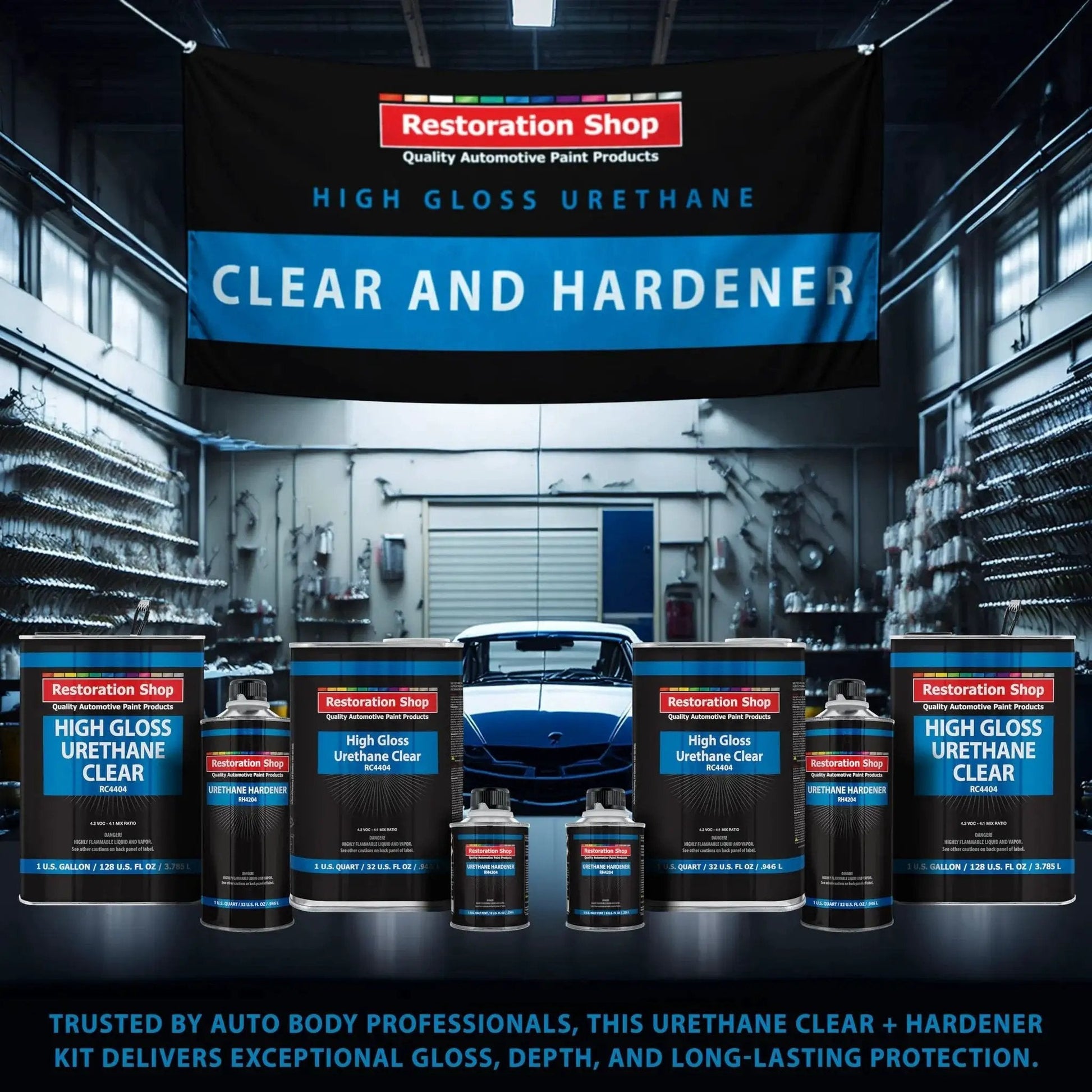 1.25 Quarts 2K Urethane Clear Coat Kit With 4 To 1 Hardener For Gloss Refinish displayed in an auto shop setting