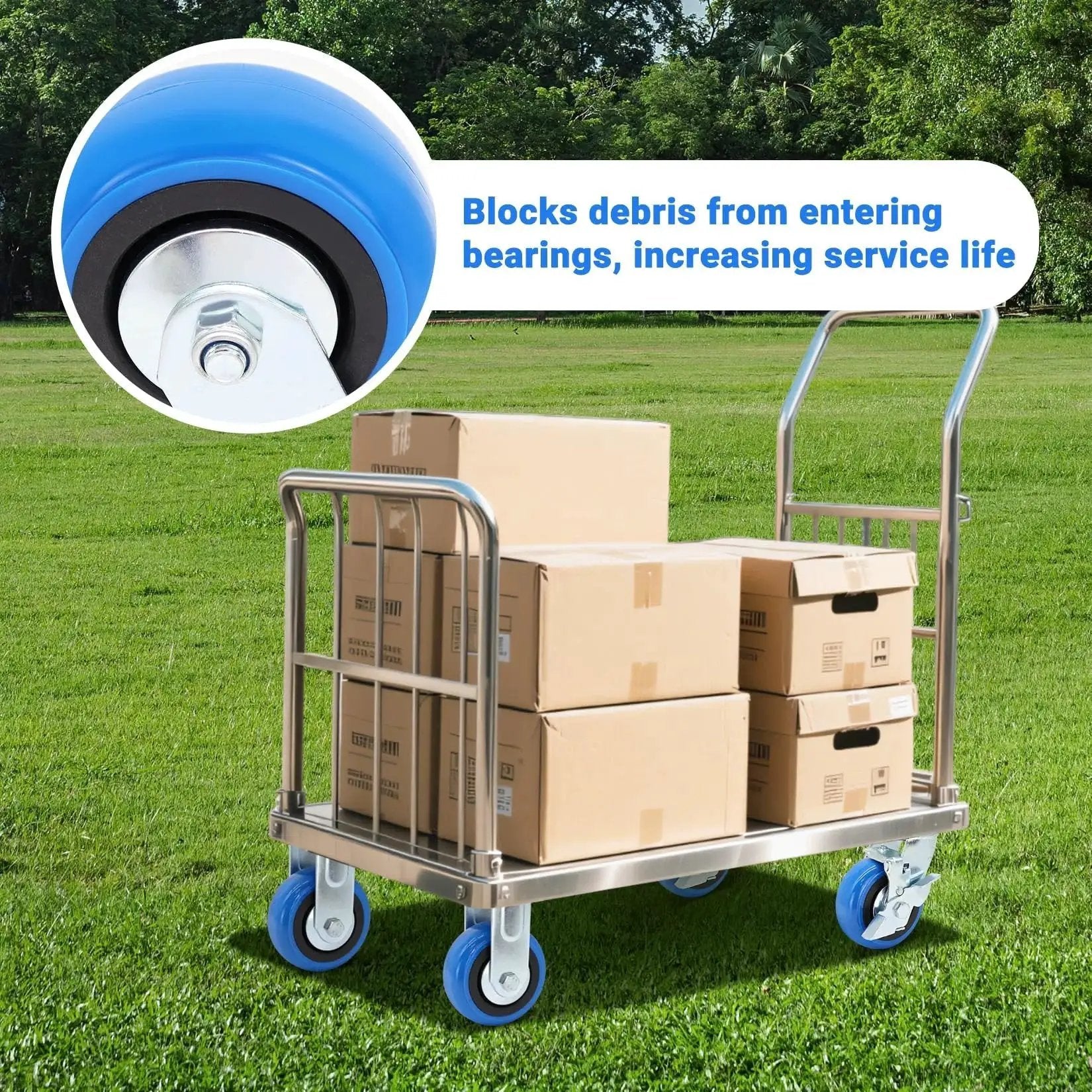 Cart loaded with boxes on grass, equipped with 5 Inch Heavy Duty Caster Set Of Four With 3500 Lbs Industrial Grade Capacity And Upgraded Thickened Bracket