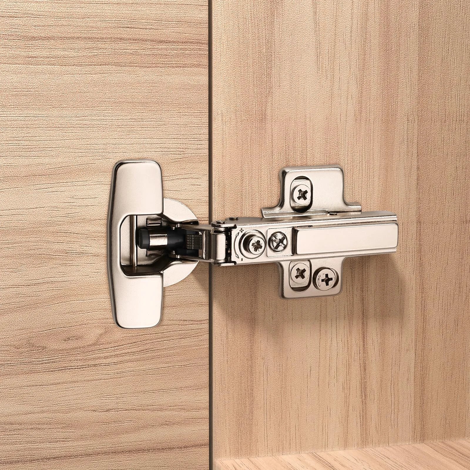 10 Pack Frameless Full Overlay Soft Close Cabinet Hinges With 4D Adjustment And Speed Control For A No Gap Fit Clip On European Stainless Steel Kitchen Hardware Open From 45 To 110 Degree; installed on wood cabinet door, side view
