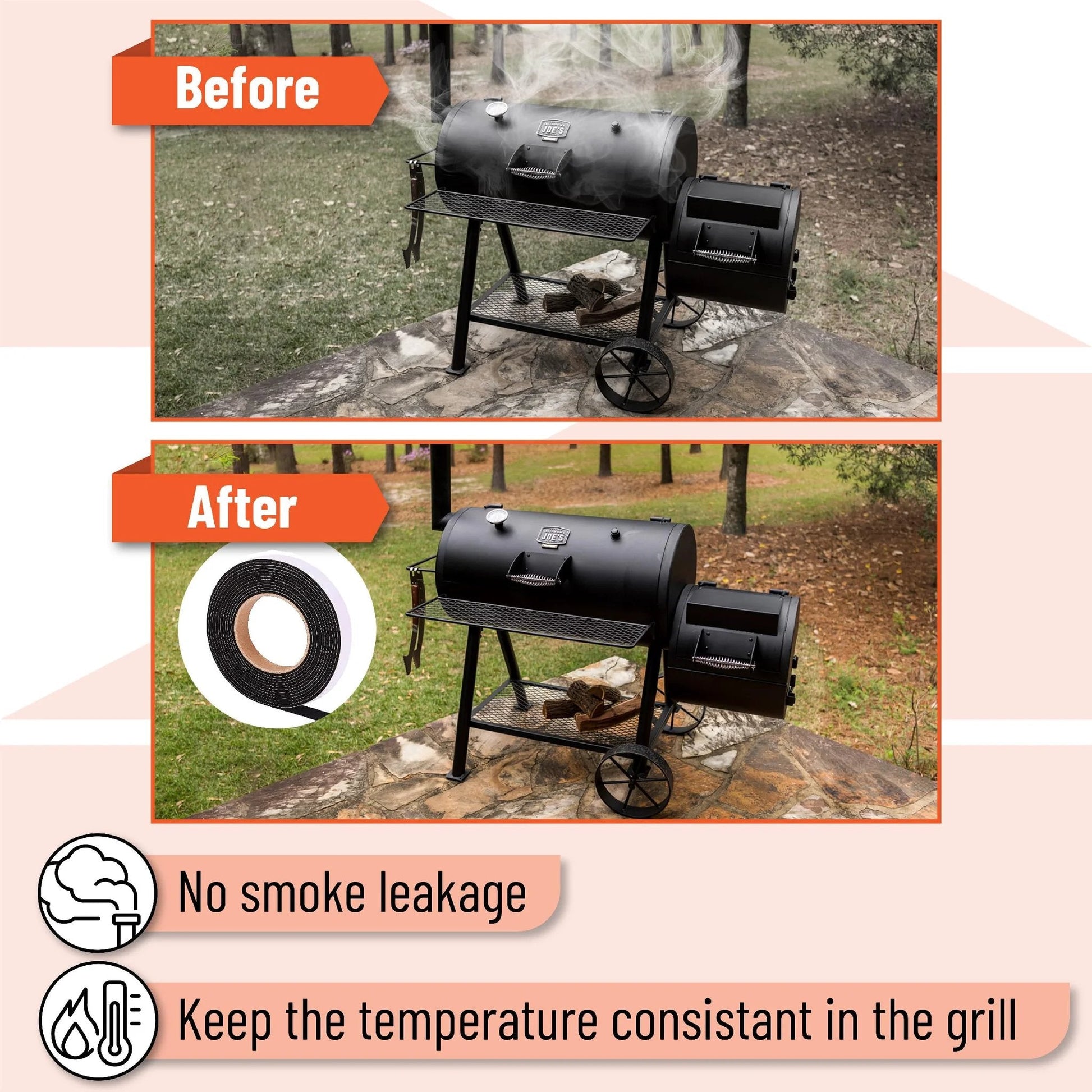 Before and after of a grill using Smoker Gasket 2 Pack 15 ft High Temp Black Grill Seal to Stop Air Leaks and Maintain Smoke and Temperature.
