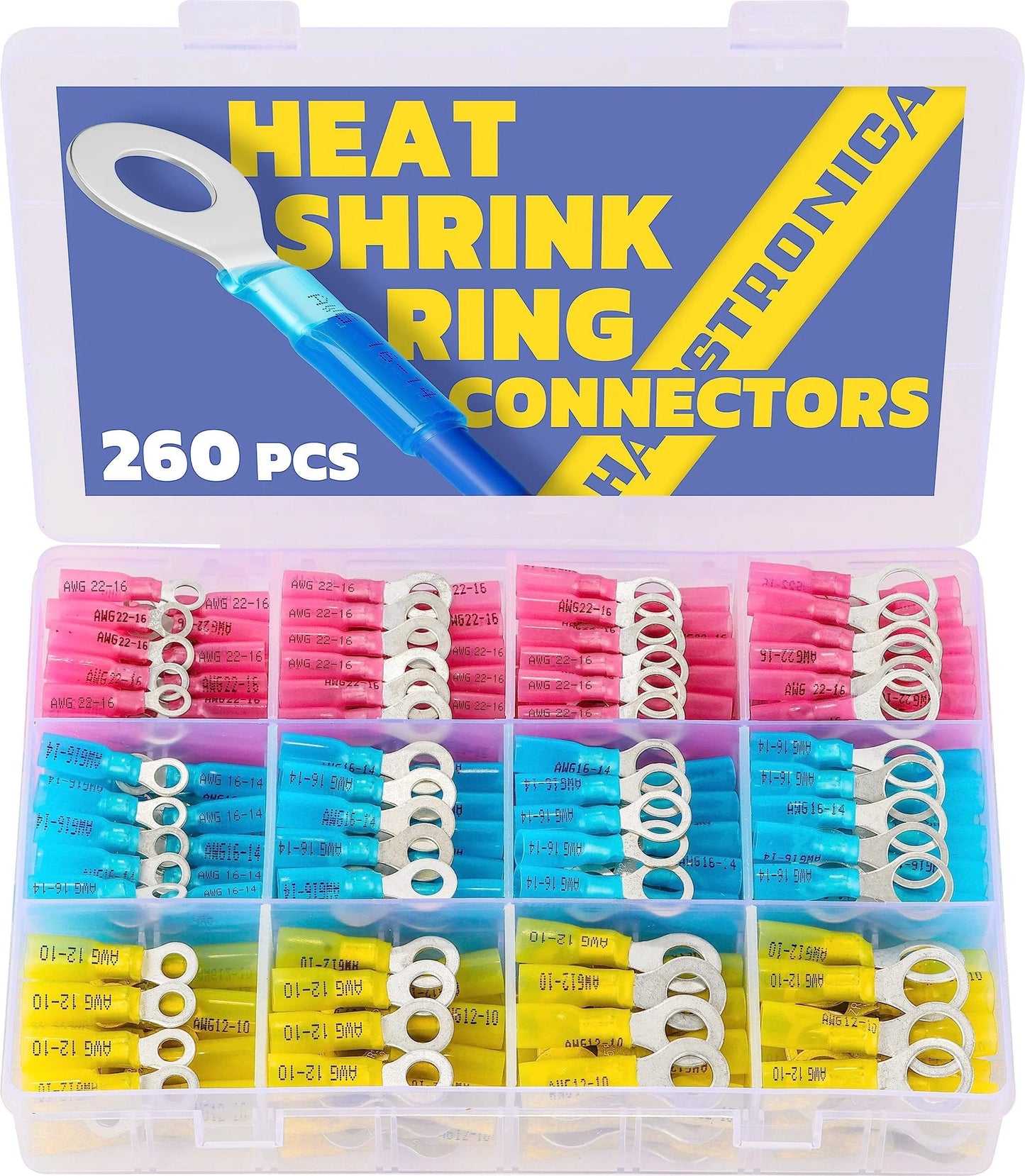 Marine Grade Heat Shrink Ring Terminals Kit Haisstronica with tinned red copper connectors in assorted sizes in open case