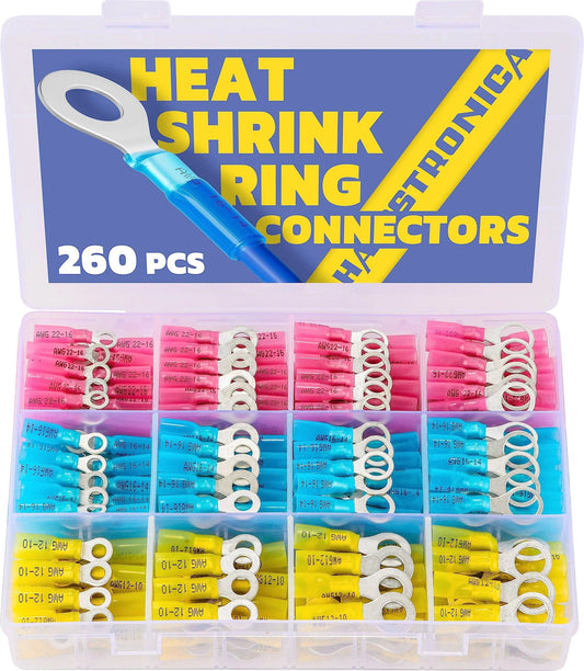 Marine Grade Heat Shrink Ring Terminals Kit Haisstronica with tinned red copper connectors in assorted sizes in open case