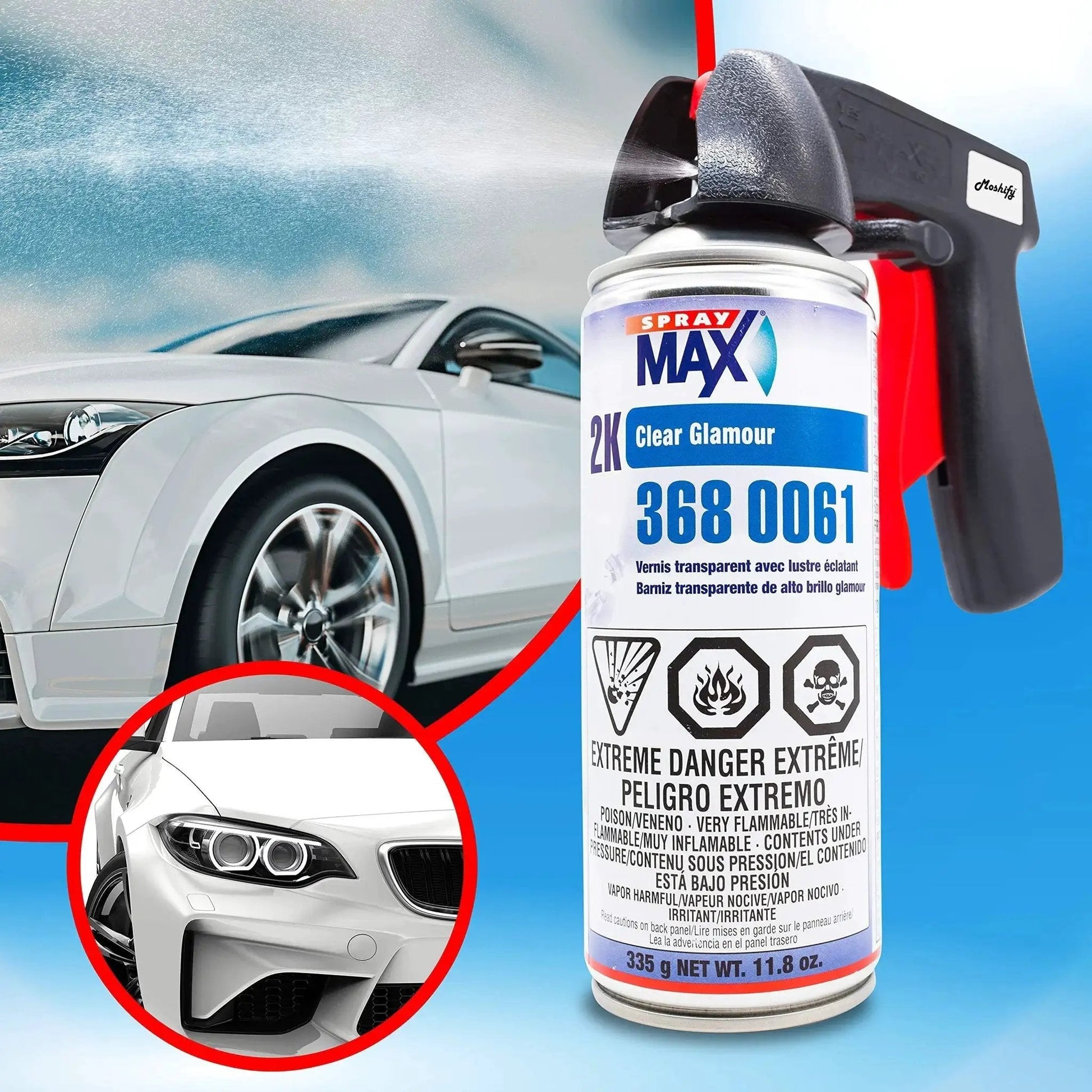 Two Stage 2K Clear Coat Aerosol With Trigger For High Gloss Automotive Finish next to a silver car