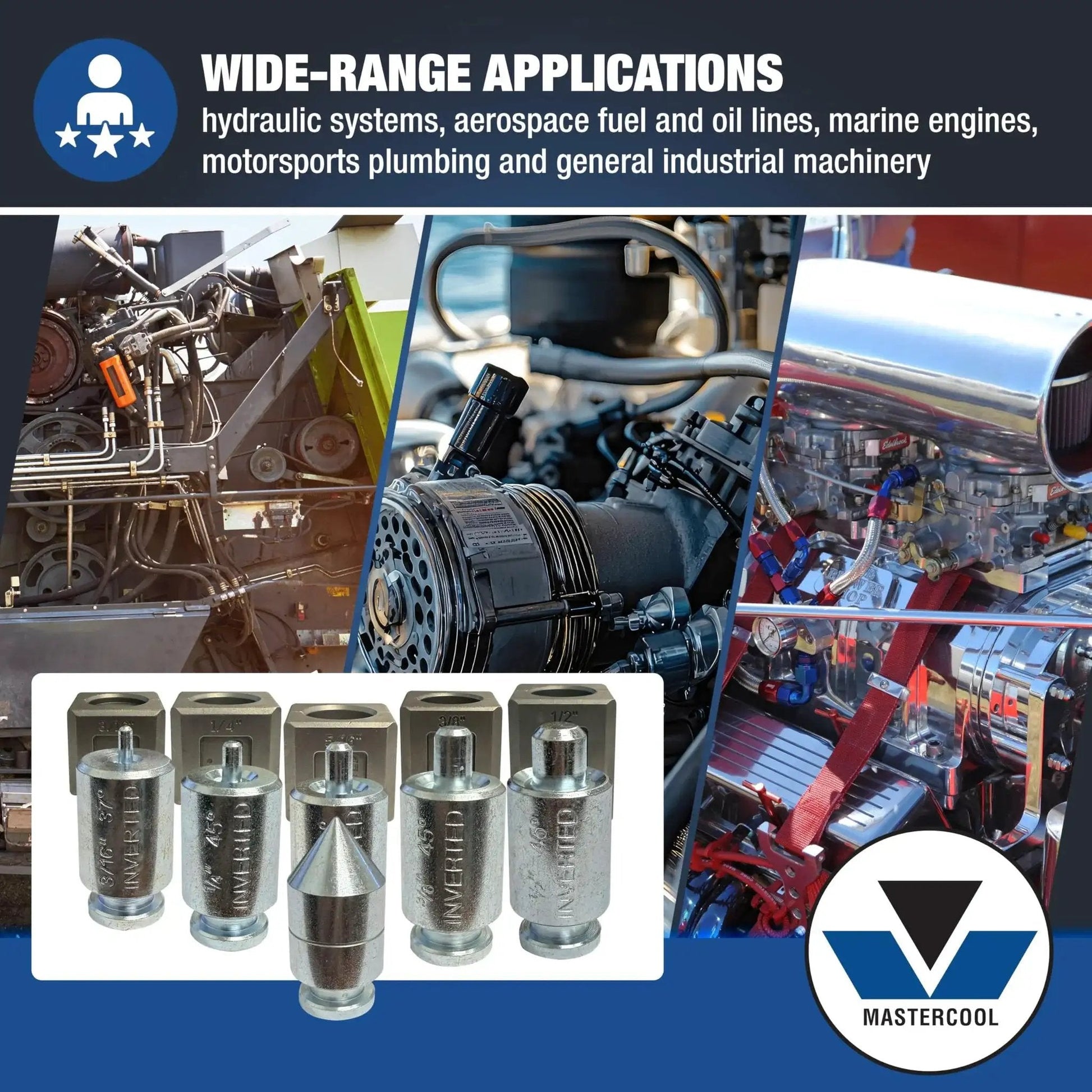 37 Degree Flare And Double Flare Adapter Kit For Hydraulic Tools 3/16 To 1/2 with various machine applications in the background