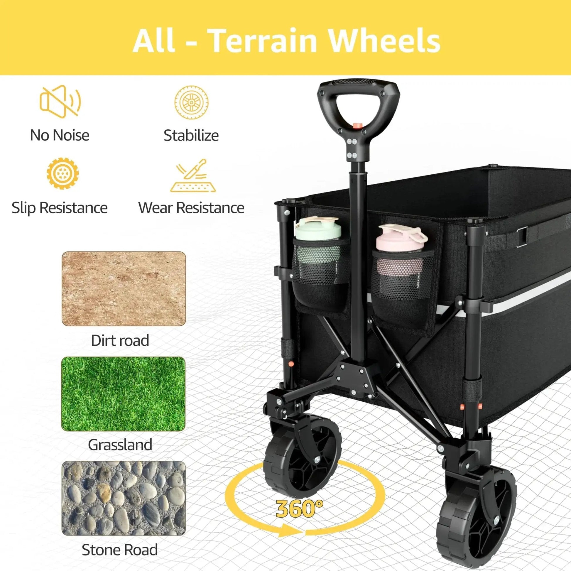 Collapsible Wagon Cart With 360 Degree Front Wheels 120L Heavy Duty Folding Utility Wagon for all-terrain use with ergonomic handle.