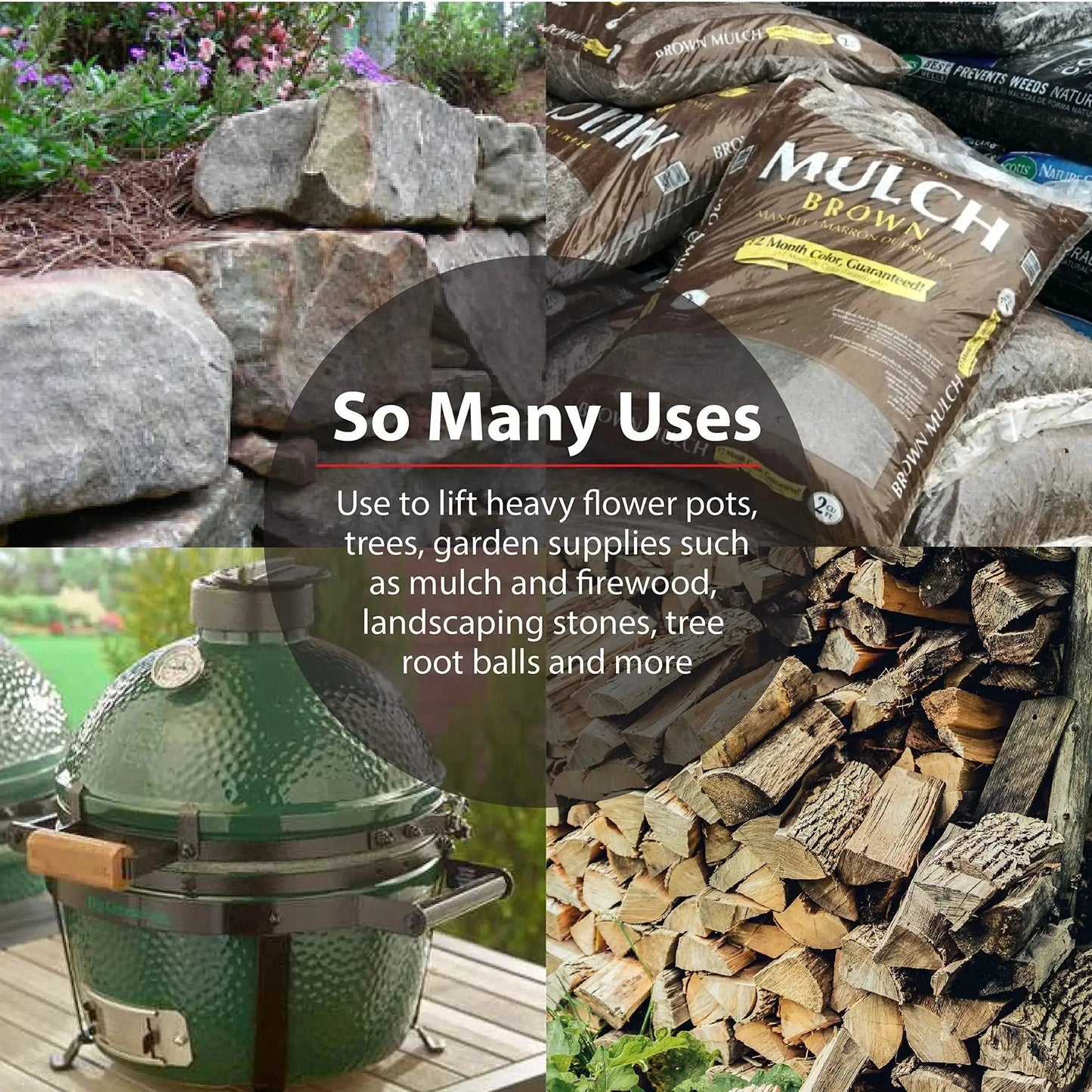 Collage showing various uses for Two Person Potted Plant Lifter For Heavy Pots And Planters Up To 200 Pounds including mulch and firewood.