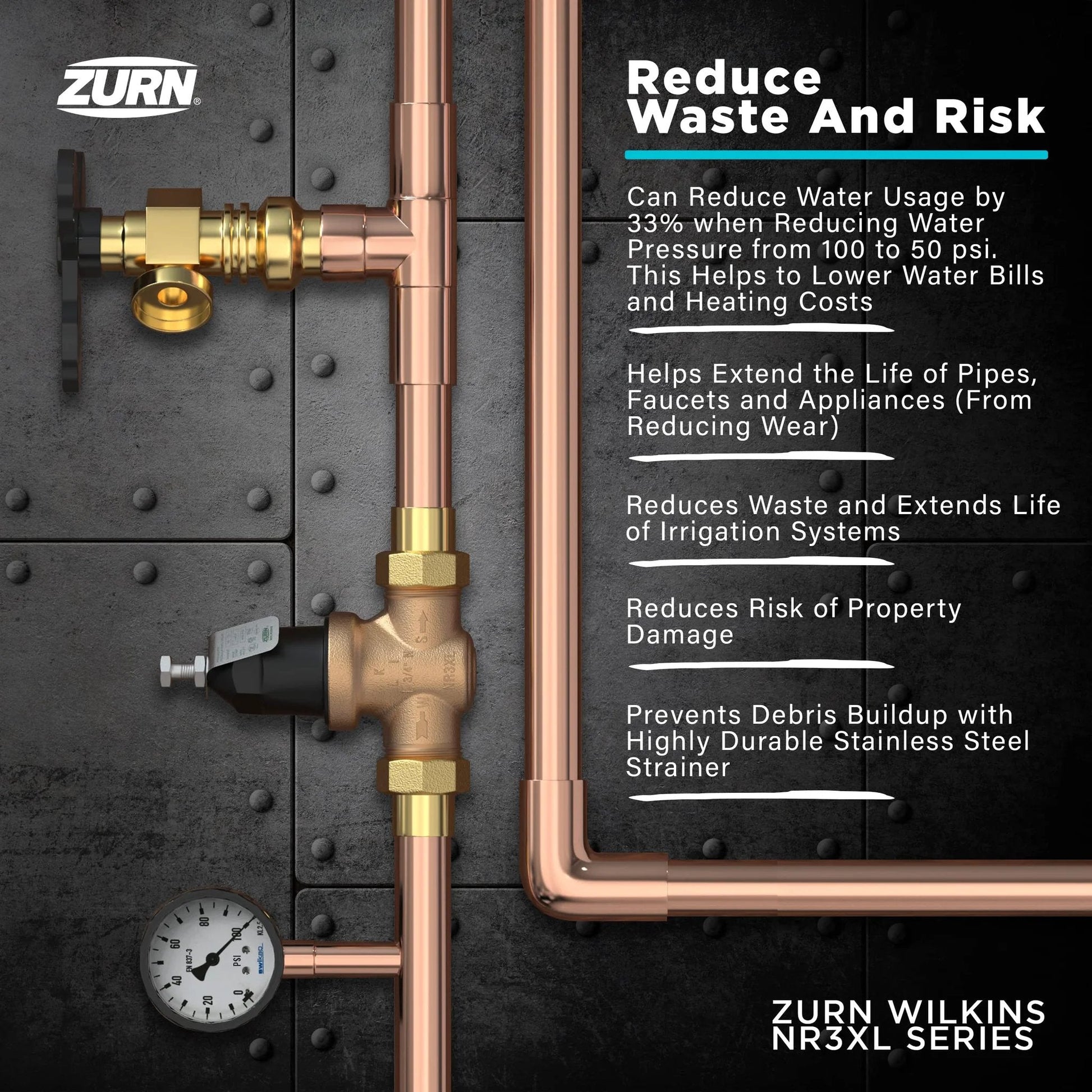Pro Grade Industrial Heavy Duty Water Pressure Reducing Valve With Bypass Check And Strainer Three Quarter Inch NR3XL High Range With Sealed Cage And Double Union installed with copper pipes