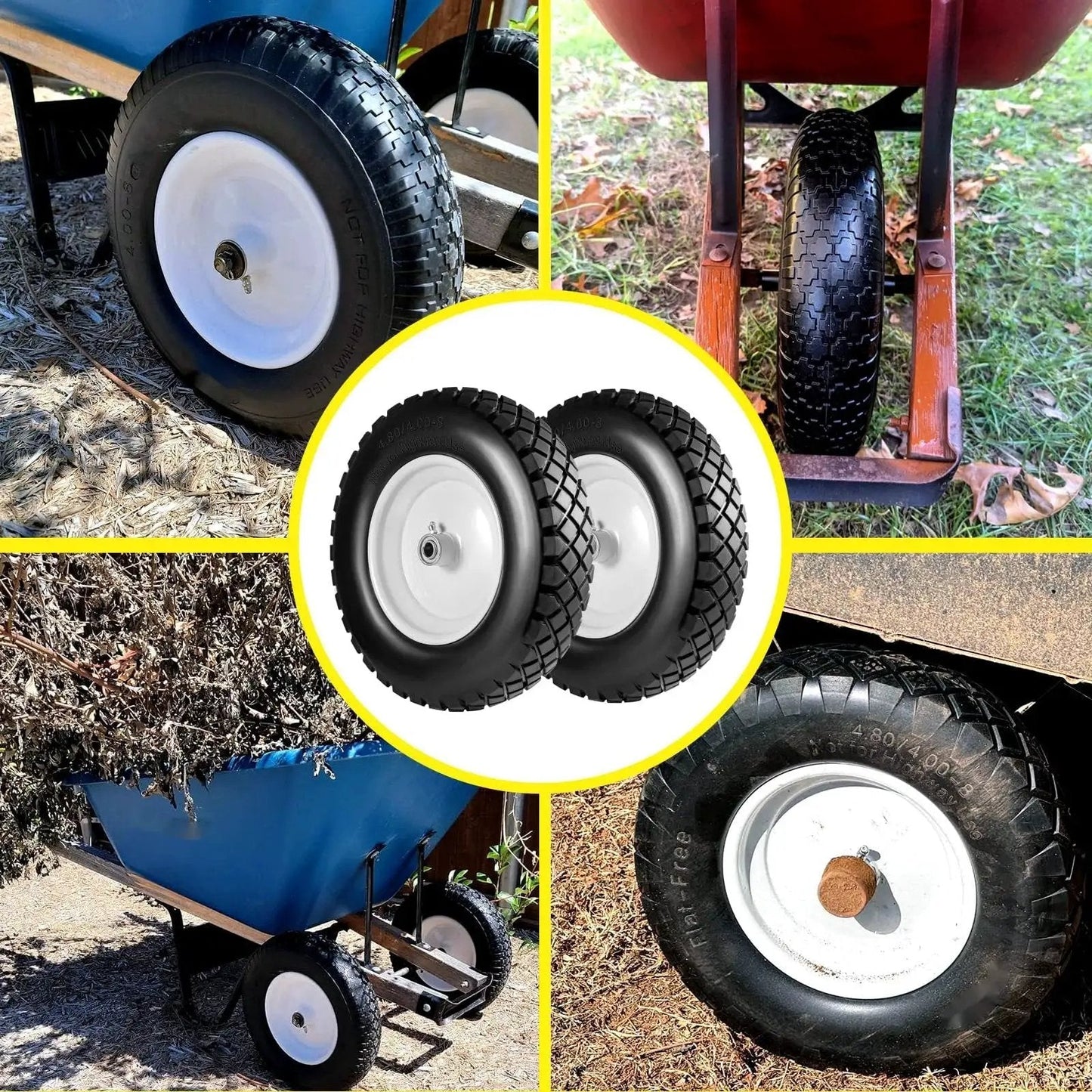 Flat Free Solid Tire And Wheel Set Two Pack 4.80 4.00 8 Inch For Wheelbarrows Hand Trucks Garden Trailers And Wagons