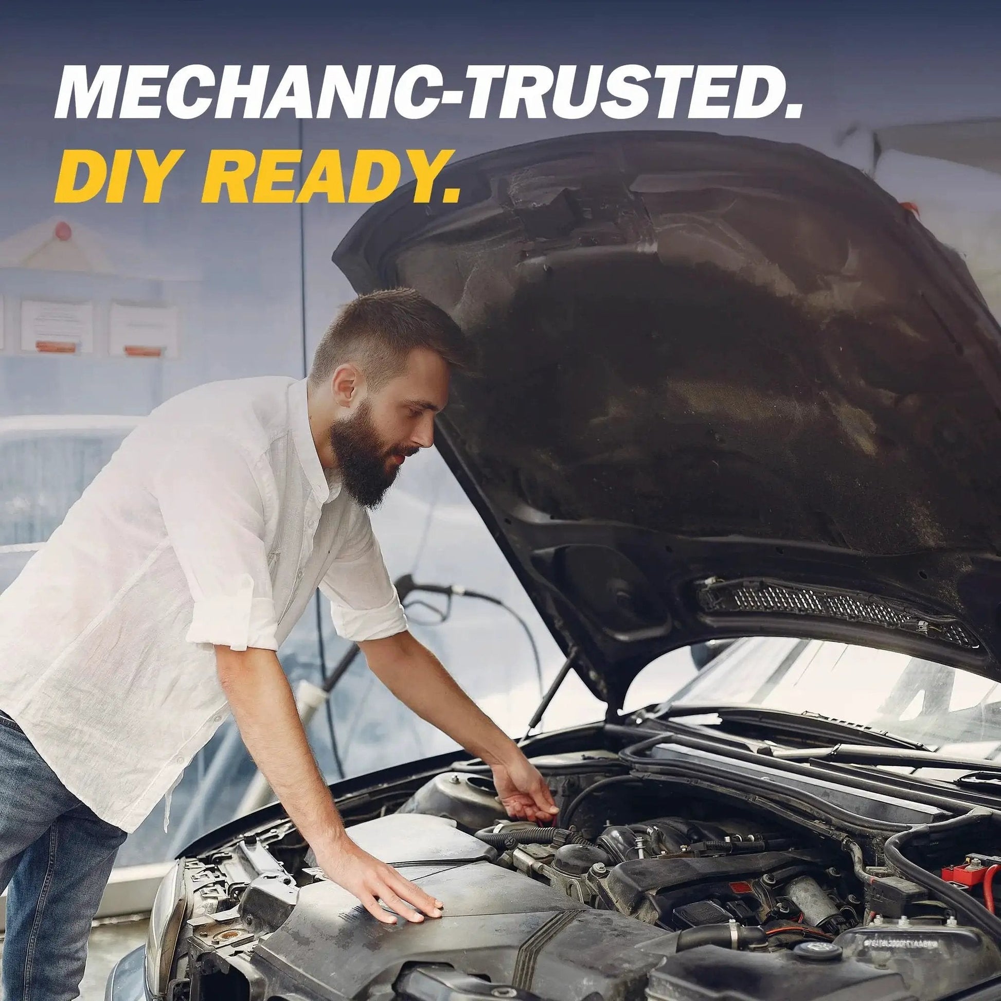 Mechanic working on car engine, illustrating use of High Temp RTV Silicone Gasket Maker For Oil Pan Valve Cover Thermostat Housing