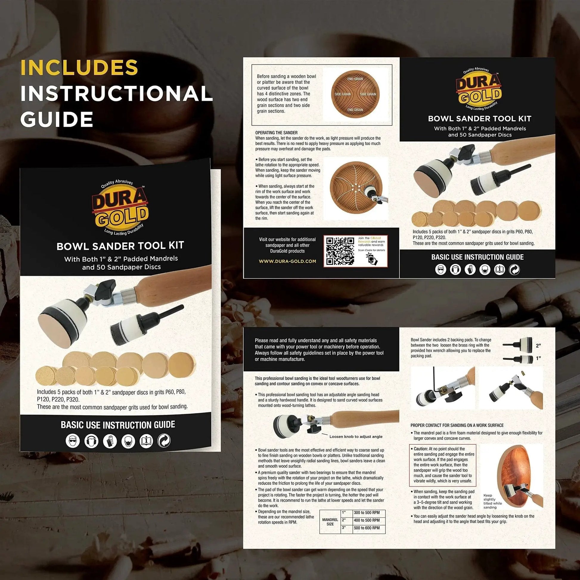 Instructional guide for Woodturning Bowl Sander Kit With One And Two Inch Hook And Loop Backing Pads, Fifty Sanding Discs