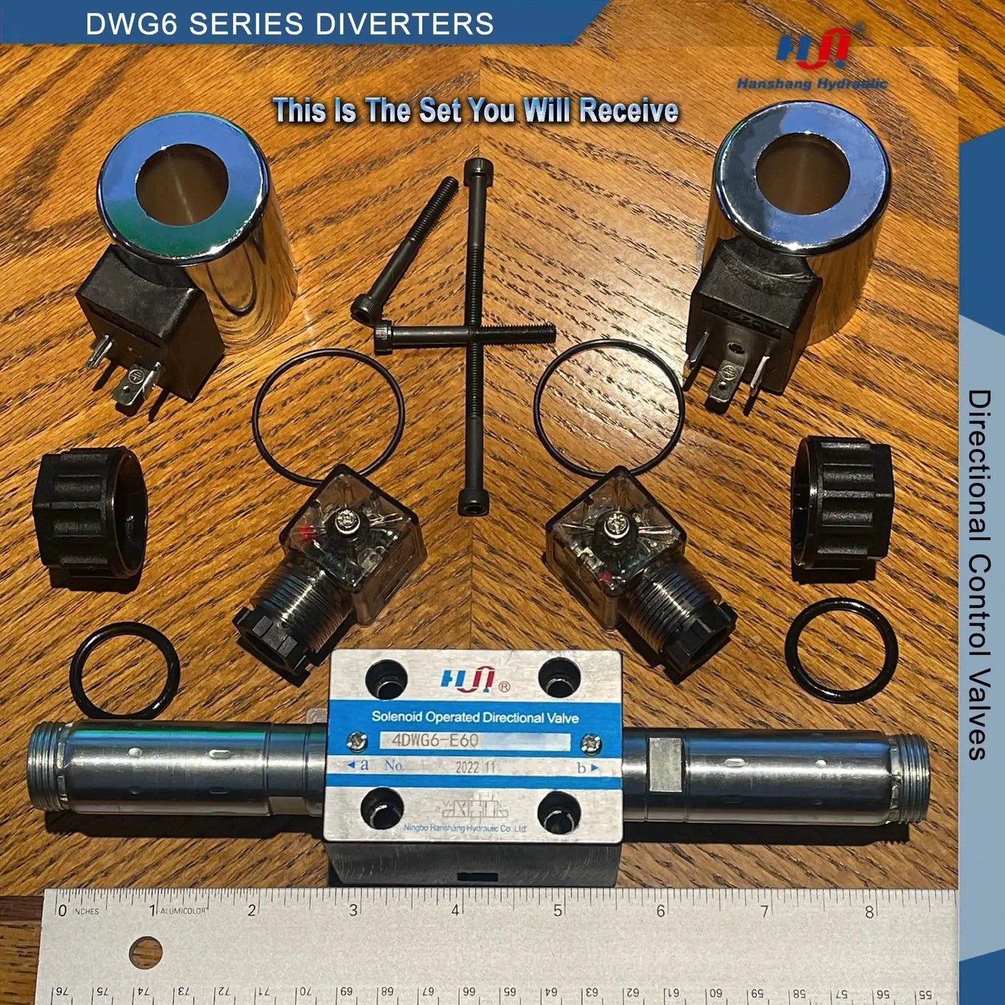 Heavy Duty 12V DC Hydraulic Directional Control Valve Solenoid NG6 Size 6 with accessories, wooden surface